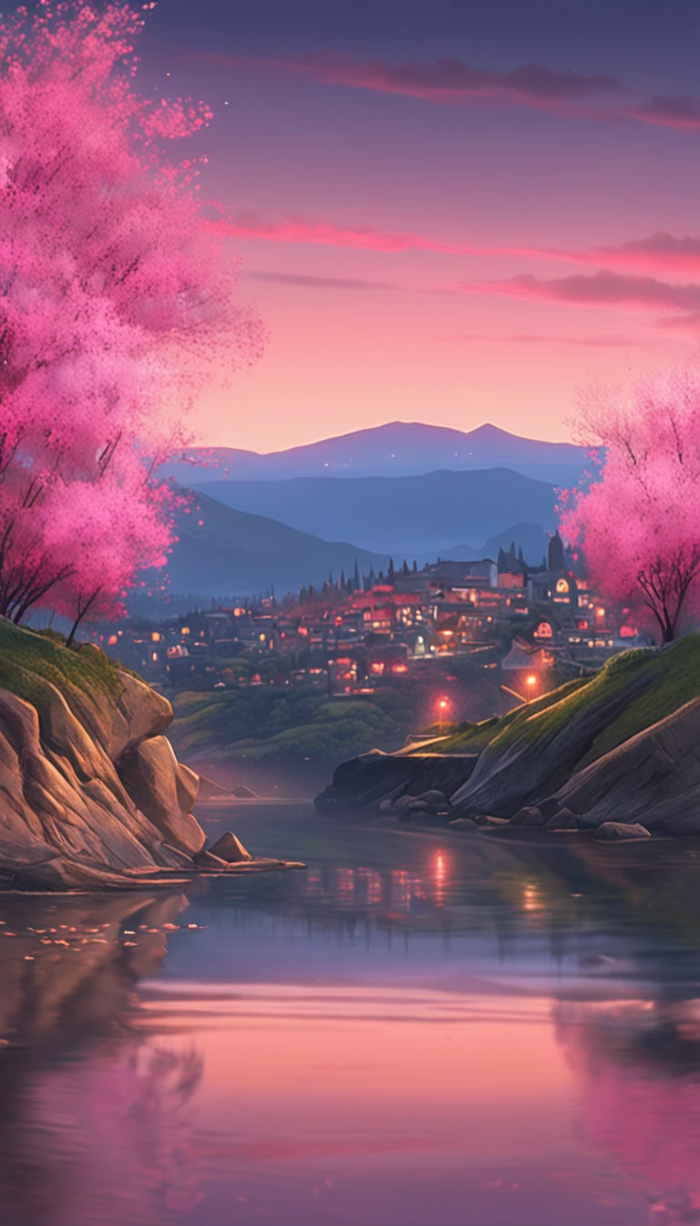 Spring evening, a painting of a village on a hill at night with pink trees on the shore, by Makoto Shinkai and Hayao Miyazaki, by Evgeny Lushpin, popular on cgostic, soft light, fairytale, dreamland, serenity, HD pictures --ar 2:3 --v 4, Hasselblad, 35mm, f/4.0, Eye-Level Shot, cinematic lighting, anaglyph, reflection light, 8K, UHD, best quality, highres, 8k, award winning