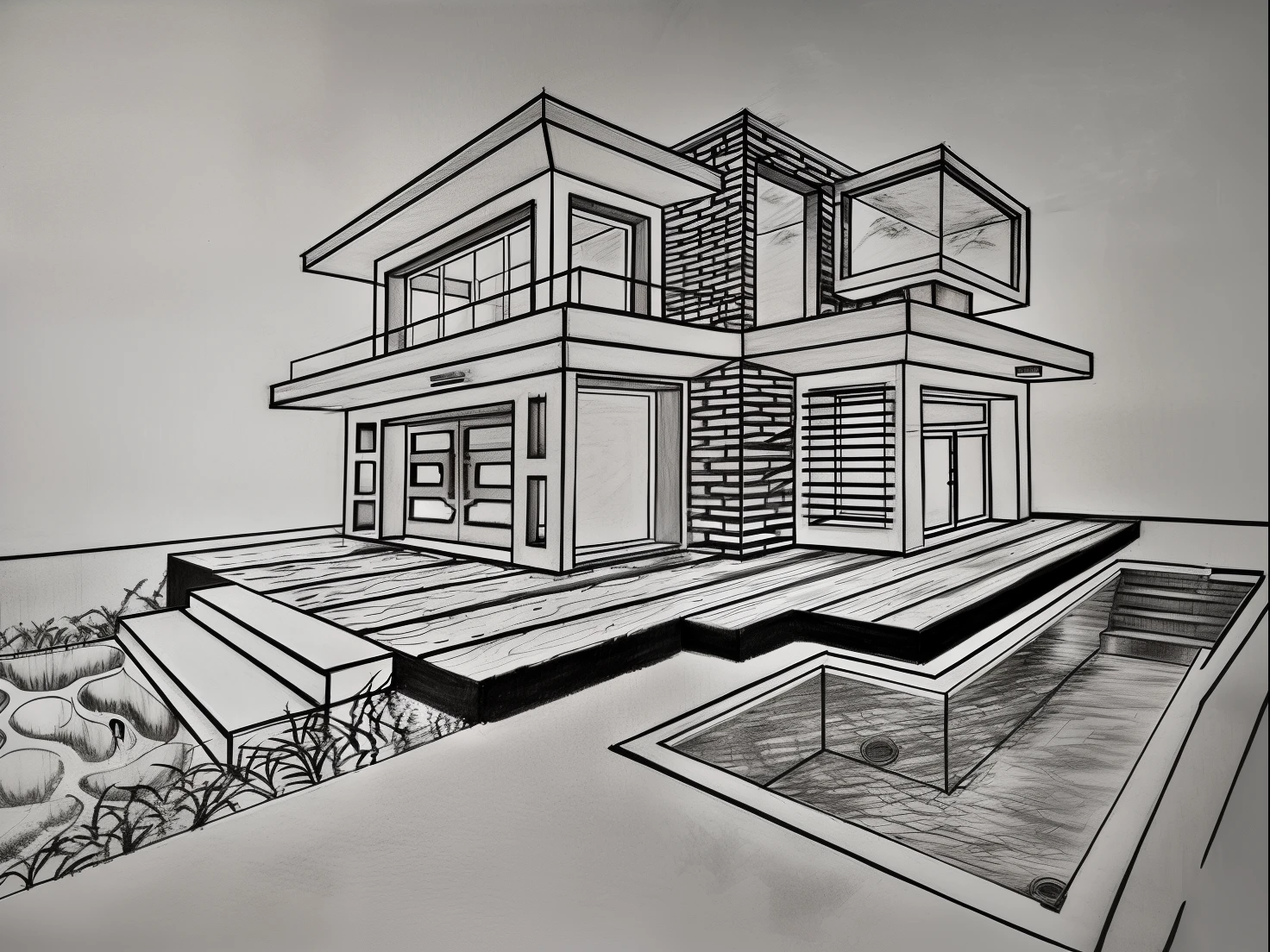 a drawing of a house with a pool and a fountain, 3 d point perspective, 2 point perspective, single point perspective, two point perspective, 2 - point perspective, extreme three point perspective, architecture drawing, 3 point perspective, two-point perspective, architectural sketch, 5 point perspective, three point perspective, inter dimensional villa, architectural concepts, architecture design, point perspective