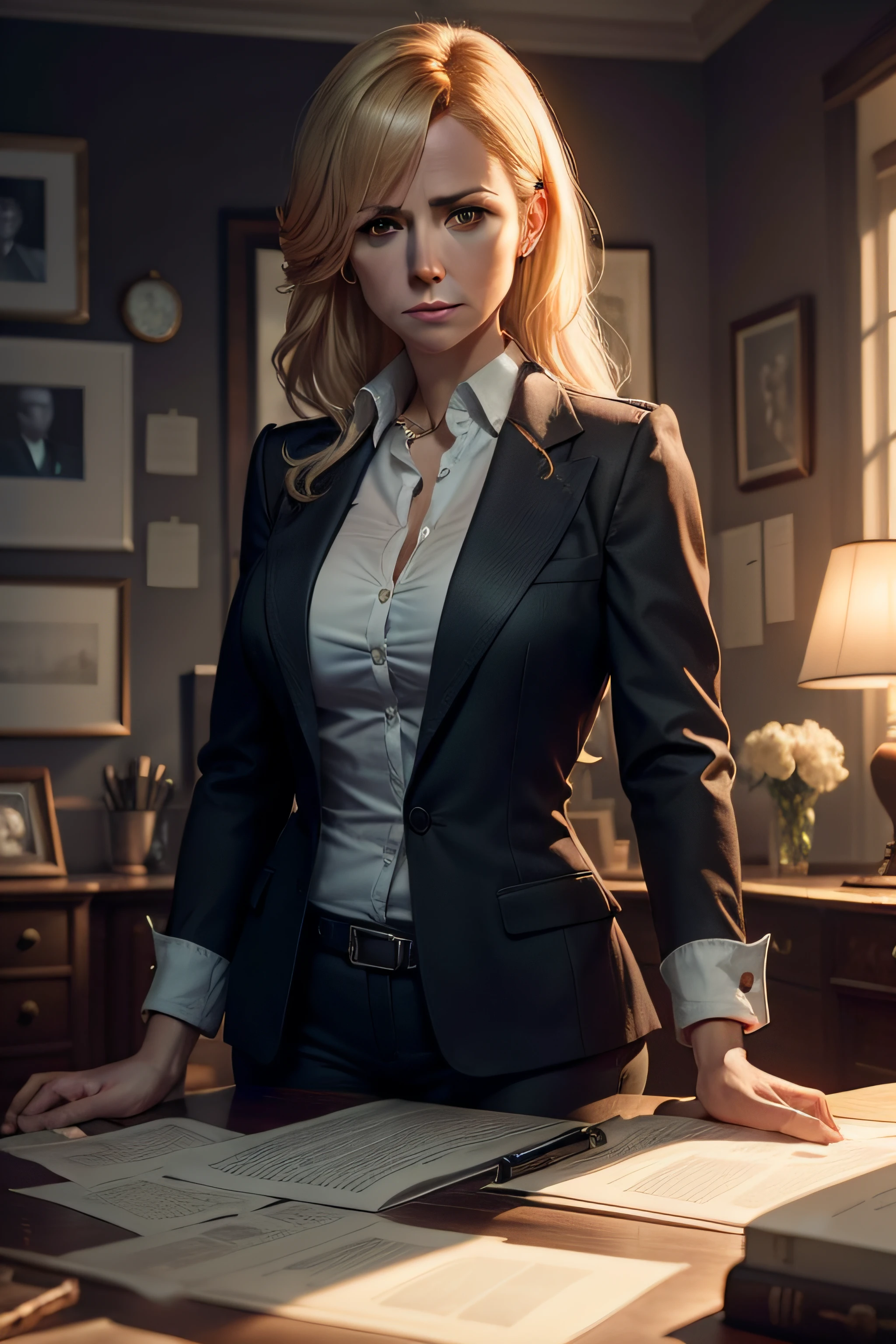 Detective Sarah Mitchell, immersed in a investigation of a tycoon's murder in a gloomy office. She finds clues that lead to a dark and dangerous past. on the table a torn photograph and a strange object. Sarah dives into the investigation.