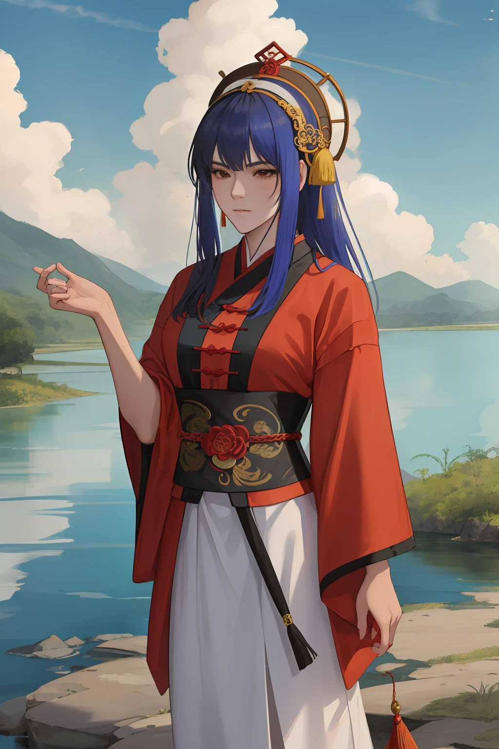 NSFW, obra-prima, melhor qualidade, ultra-detalhado, semi-realista, detailedfacialfeatures,6 mulheres,formosa mulher usando roupa antiga feminina hunfa wuxia,cabelos compridos,cor de fogo,mulher atrente e sexy,seios grandes,voluptuosa,roupas cor de fogo,arrogante e impiedosa, insinuating appearance,standing sensually near the banks of a river where a Chinese dragon dwells.