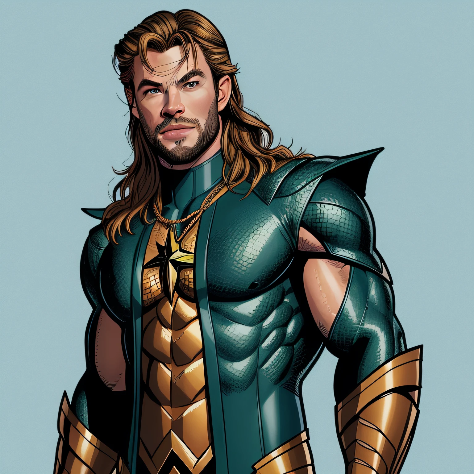 caricatura de um homem, vestindo traje de Aquaman, Chris Hemsworth