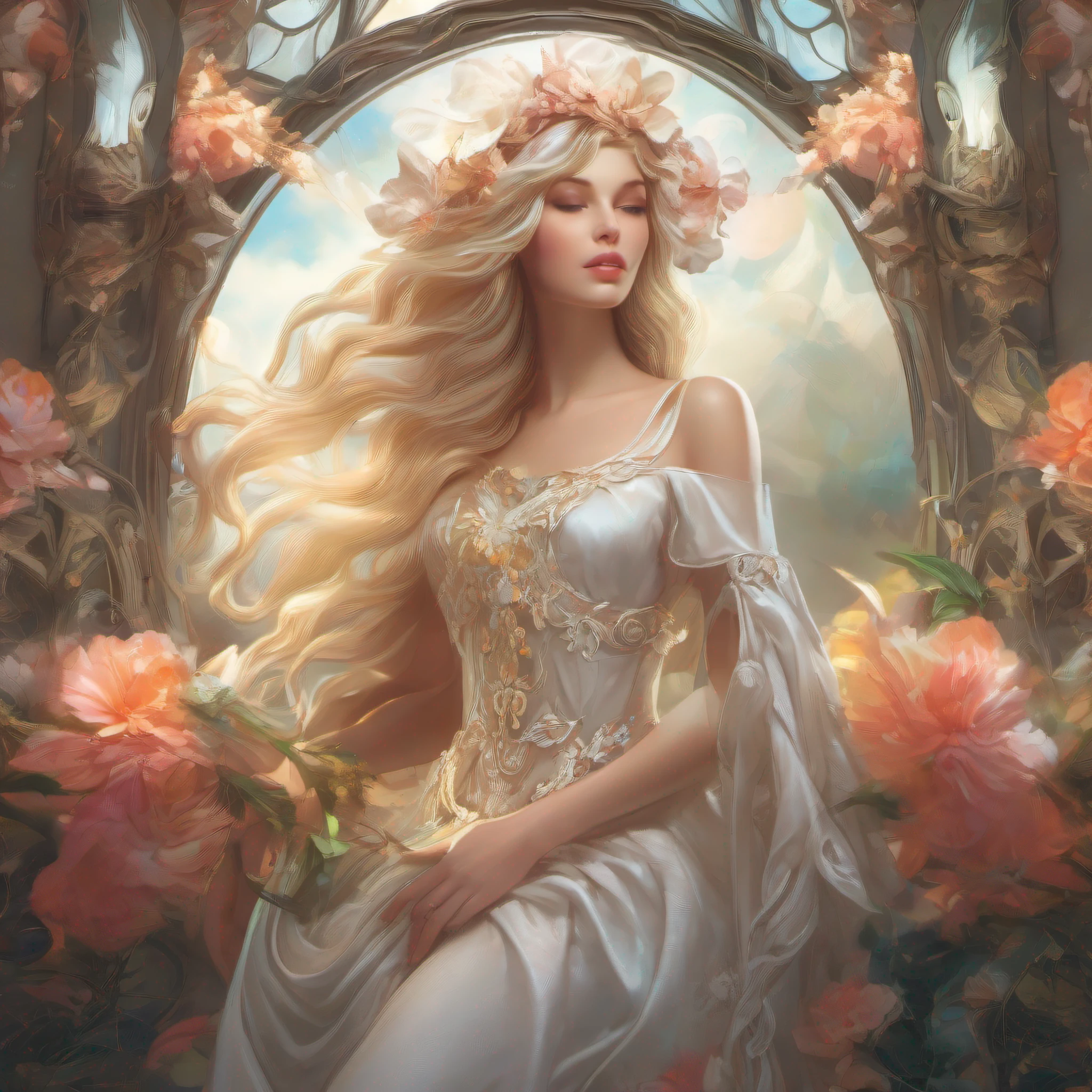 (esqueleto como: 0.4), ((princesa feminina ornamentada)), (with long, flowing blonde hair), (olhos azuis brilhantes e lindos), trending on ArtStation, flowers of hope by Jean-Honor Fragonard, Peter mohrbacher, hiper detalhado, detalhes insanos , deslumbrante, intrincado, elite, art nouveau, ornamentado, liquid wax, elegante, luxo, Greg Rutkowski, estilo de tinta, adesivo, arte vetorial belo design de personagens, double exposure photo, design luminoso, premiado, obra-prima, fundo preto amolado,