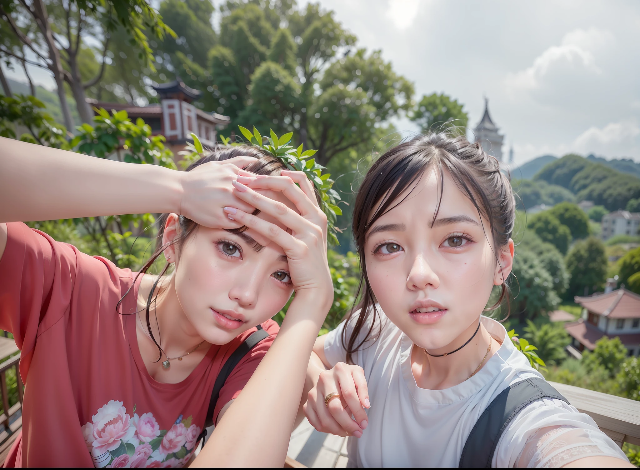 there are two people posing for a picture on a balcony, ruan jia and fenghua zhong, 8k selfie photograph, dang my linh, lovely couple, couple pose, ruan jia and brom, couple, zmonzheng, 😭 🤮 💕 🎀, like jiufen, taken on go pro hero8, help me