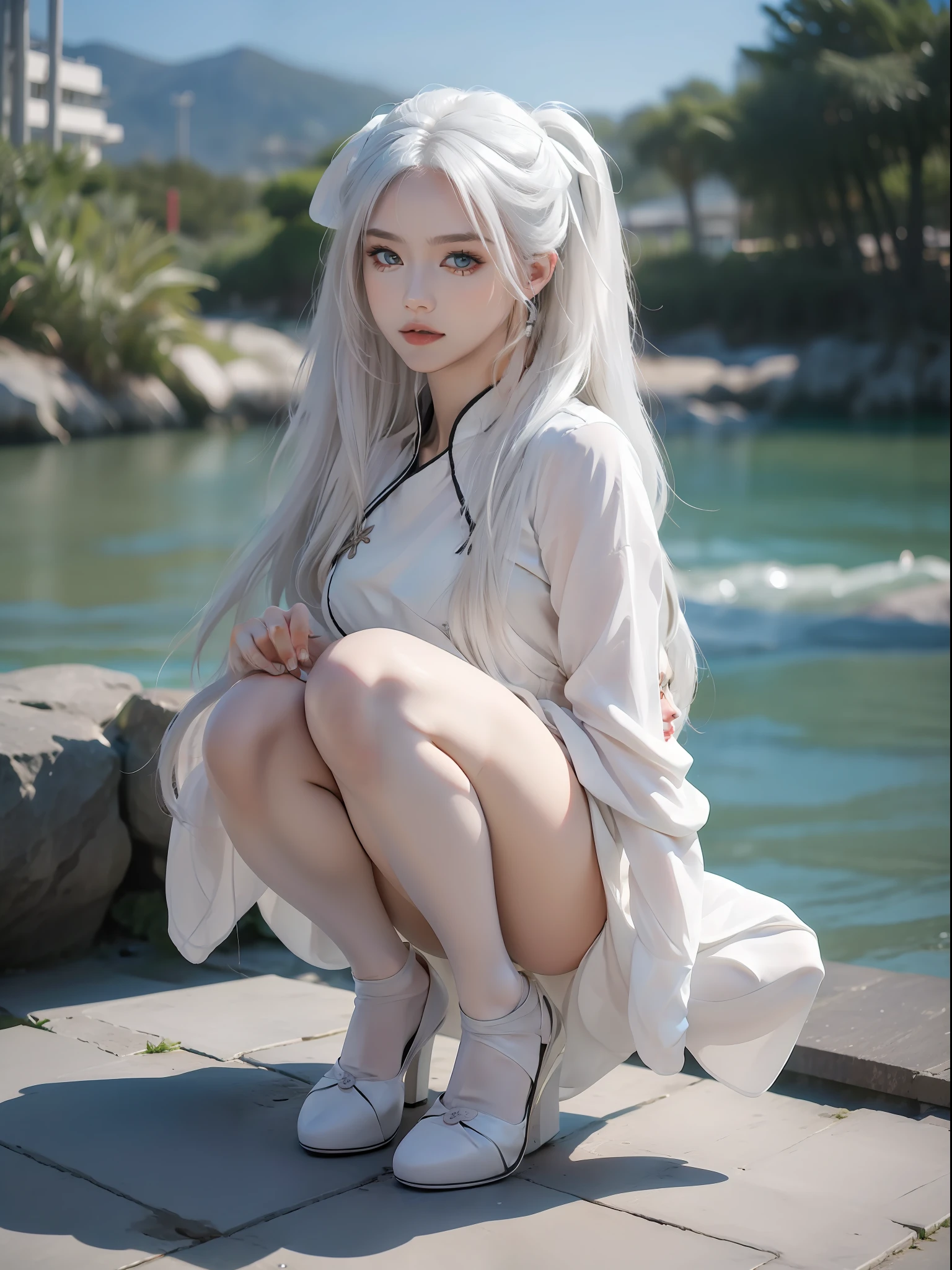 A high resolution, 1womanl, long  white hair, Black eyes, City heels, Squat，beachside，white dresses