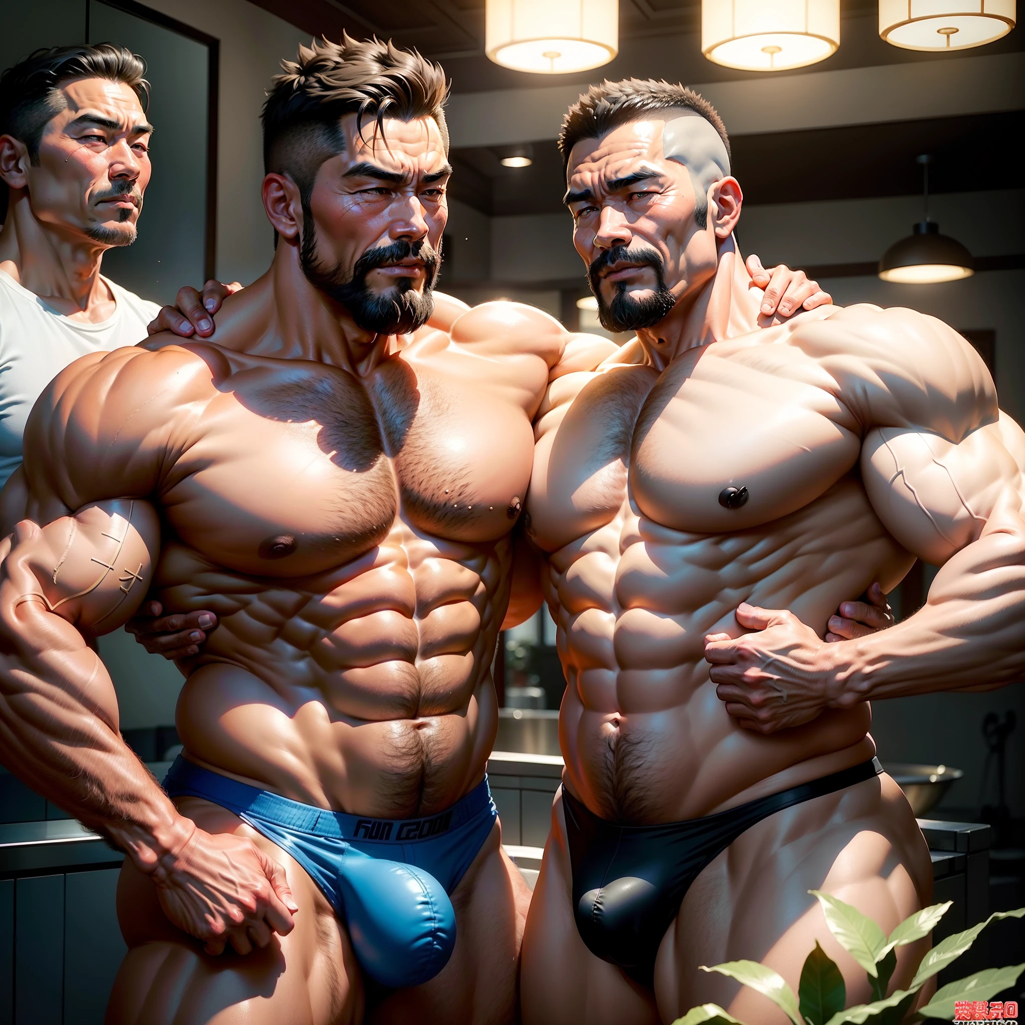 50 years old bearded Chinese bodybuilding muscle man，Strong thighs，Strong pectoral muscles，The crotch bulges above the plump buttocks of another 60-year-old Chinese muscular man，Two muscular men，eye closeds，The mouth gasps hot，The expression is enjoyable，Ruddy complexion，In the bathhouse