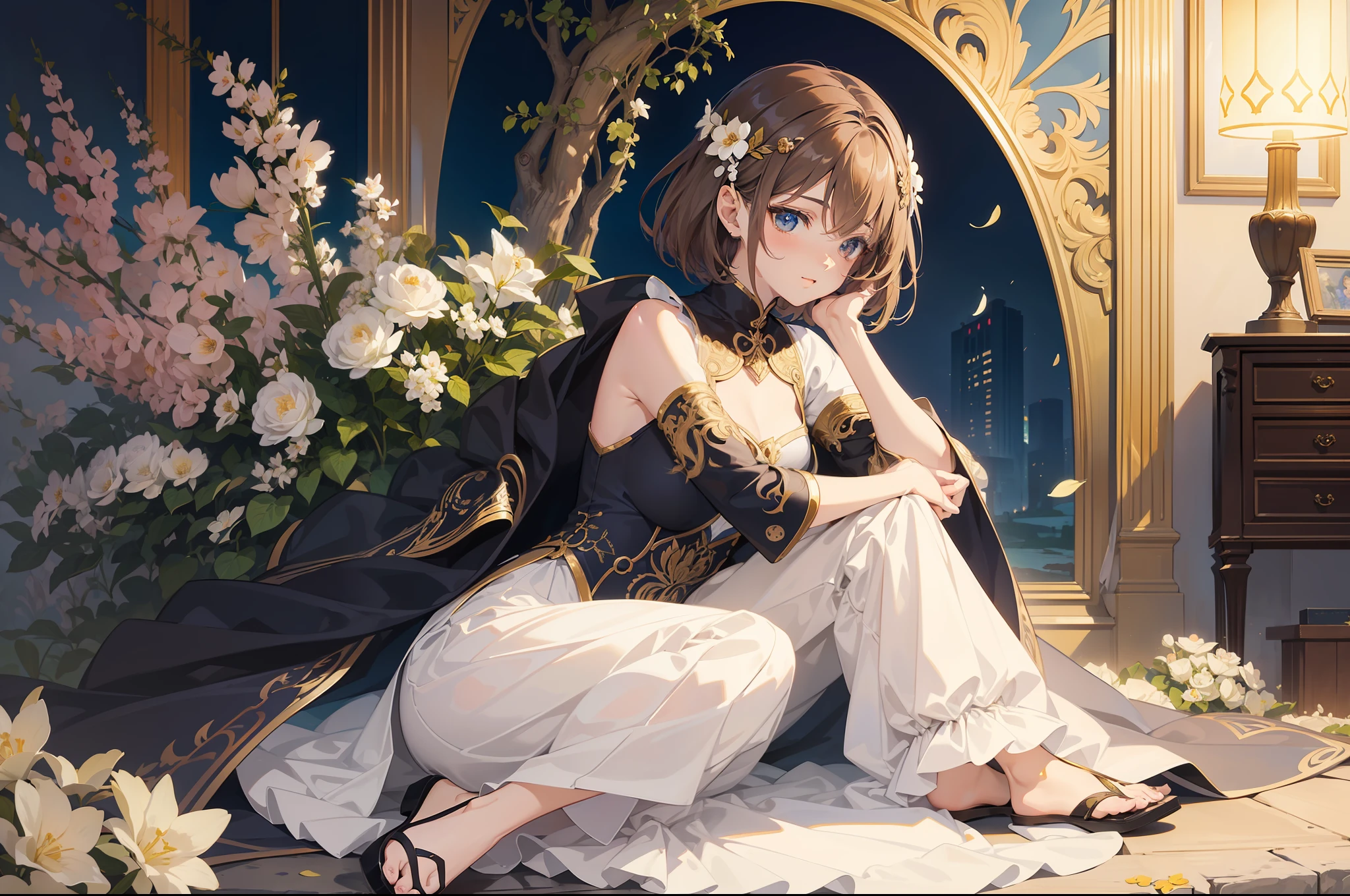 Official Art, Masterpiece European female face,elvish, short hair, lightbrown hair , brown eyes , Flower Frame ,Decorative panel , jugendstil , (masterpiece、top-quality、hight resolution: 1.4),in 8K, Drawing of a woman with short lightbrown hair, Anime Art Nouveau, highly detailed exquisite fanart, anime fantasy illustration, clean detailed anime art, detailed anime art, Sharp Focus, Delicate Beautiful Hair and Eyes and Face, realisitic, ultra-detailliert, a beauty girl,