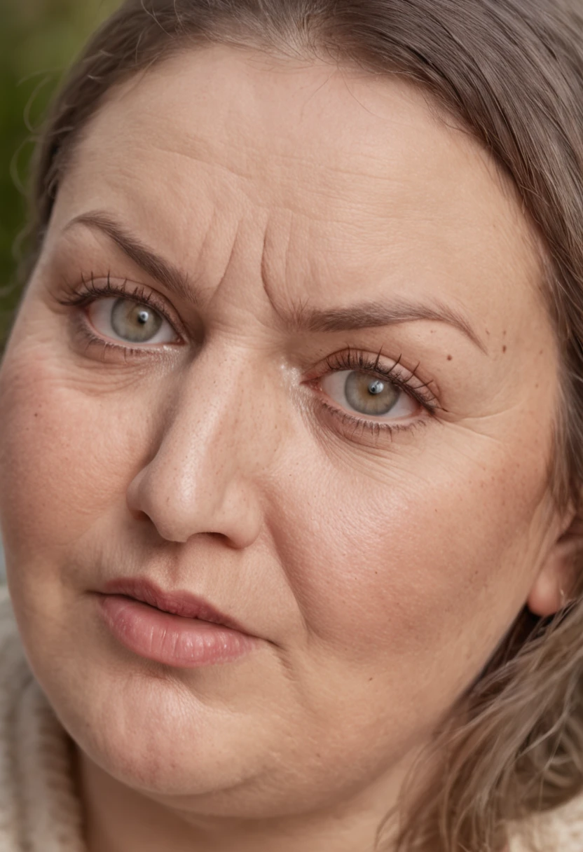 a close up of a 35 year old obese woman, fat face, in a sweater, nerdy, dramatic, embarrassed woman, with embarrassing facial expressions, with body shame, yellow background.