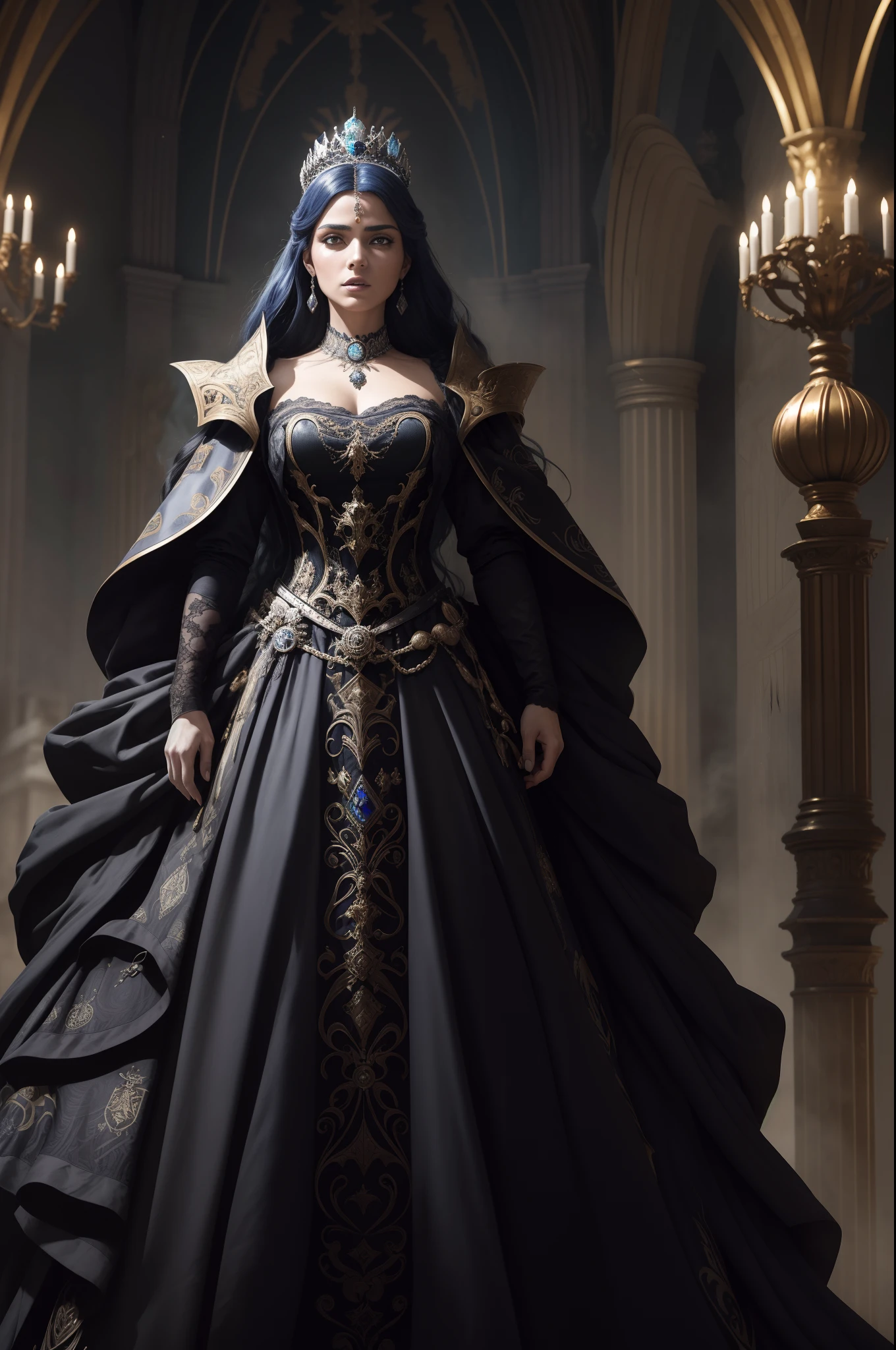 (obra maestra) (La mejor calidad) La diosa de la locura. Has a mocking and sinister expression., Lleva ropa hecha jirones, He wears a tarnished crown and stands on a shattered throne.. She is surrounded by a wind of chaotic fumes of strange colors.. (pechos grandes)