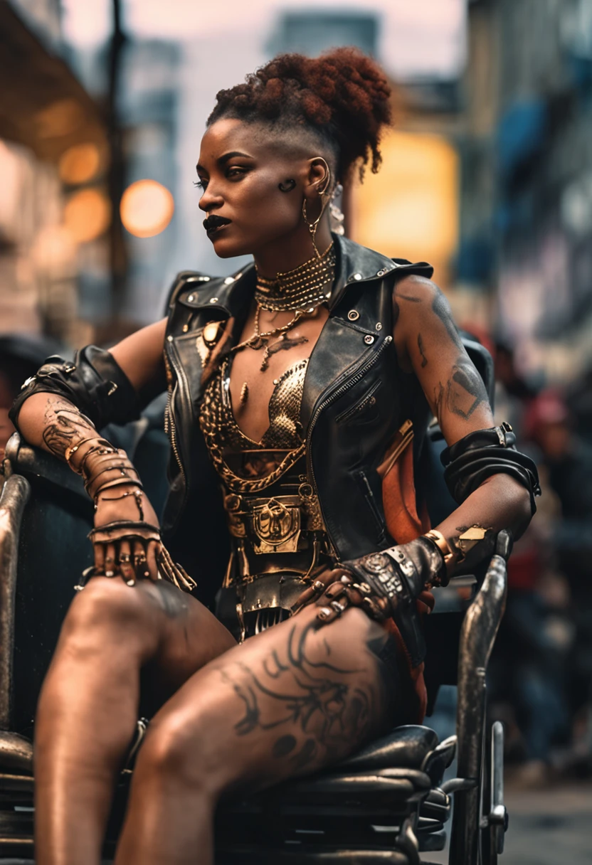 There's a sexzy african 1woman with a steam-powered dusky skin, with big boobs,Royal look, arte conceitual street punk, sexzy full body view top to bottom, seated on queen chair, low angle , slim body, breathtaking beauty, vibrant, comprehensive cinematic, 8k, cinematic lighting, best quality, 4k,fog background ,arte street punk digital, arte street punk urban city area, Wojtek FUS, arte digital steampunk, detailed wild steampunk illustration, Portrait of a gold and copper chained woman, arte street punk, estilo de arte dieselpunk, cyberpunk street punk, estilo de fantasia street punk, Arte digital altamente detalhada em 4k, sci-fi street punk,clear relastic eyes