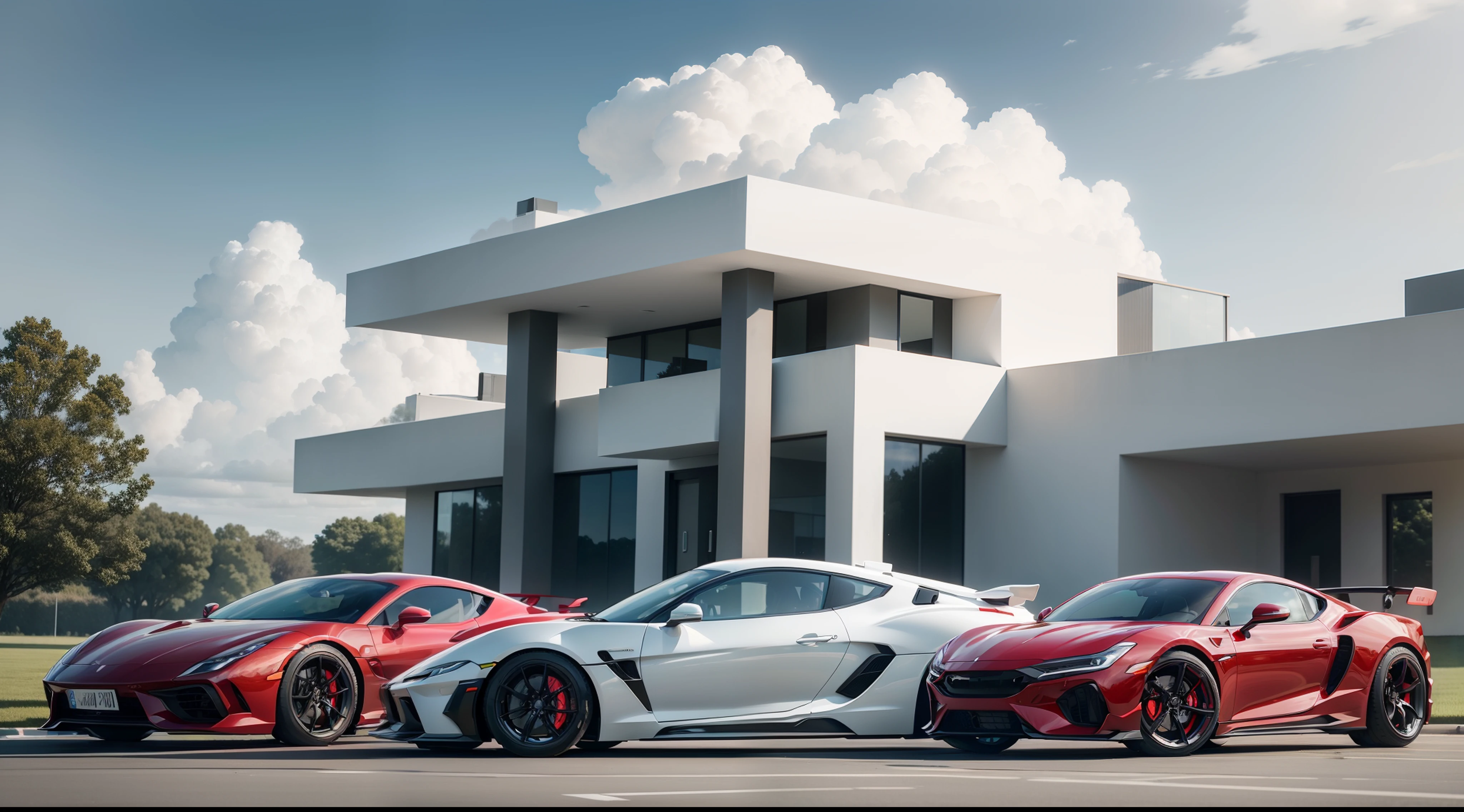 A modern white house. Clouds in the sky. Day time.1 red sports car by the side.