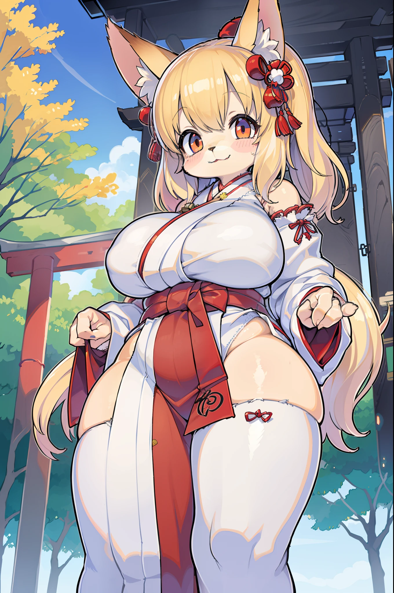 Fox Woman、body covered with fur、huge-breasted、kawaii、shrine maiden、Japan white clothes,Red Hakama、torii gate,summer day、From below、Wide Shot、Very Wide Shot、A big smile