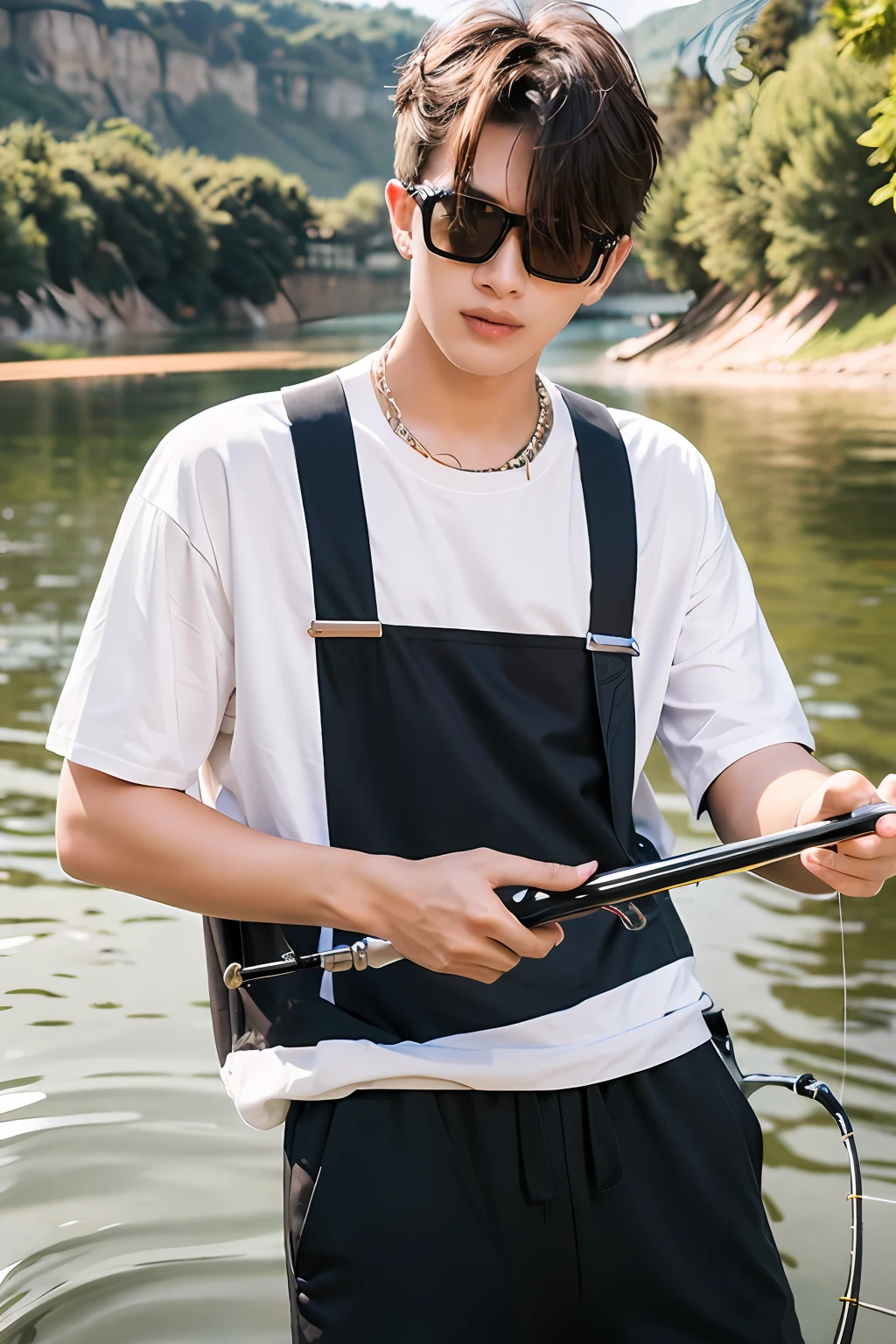 Phone pixels，fishing
1 boy,Hold a fishing rod，Fishing in the lake，Wear casual clothes，With sunglasses，Fishing enthusiasts，Side Body，Fishing，Delicate hands