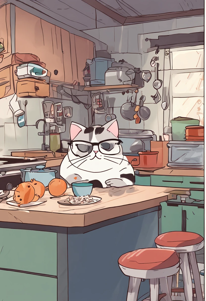 Cartoon cat with glasses and knife in kitchen, lofi, anime visual of a cute cat, gumball watterson, anime cat, Miyazaki's animation style, lofi aesthetics, dabbing, Miyazaki style, nichijou, author：hiyao miyazaki, Kawaii cat, neko, lo fi, lofi hip hop