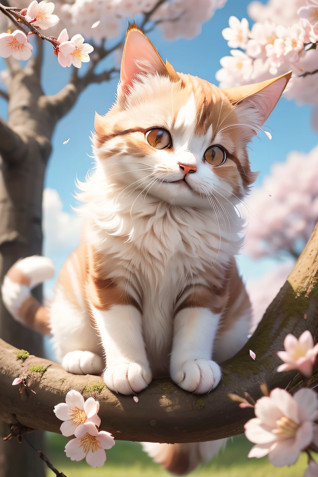 Draw a brown-white bee cat relaxing under a cherry tree。Cat looks at camera and looks at it and seems to smile。Cherry blossom petals fluttering in the wind