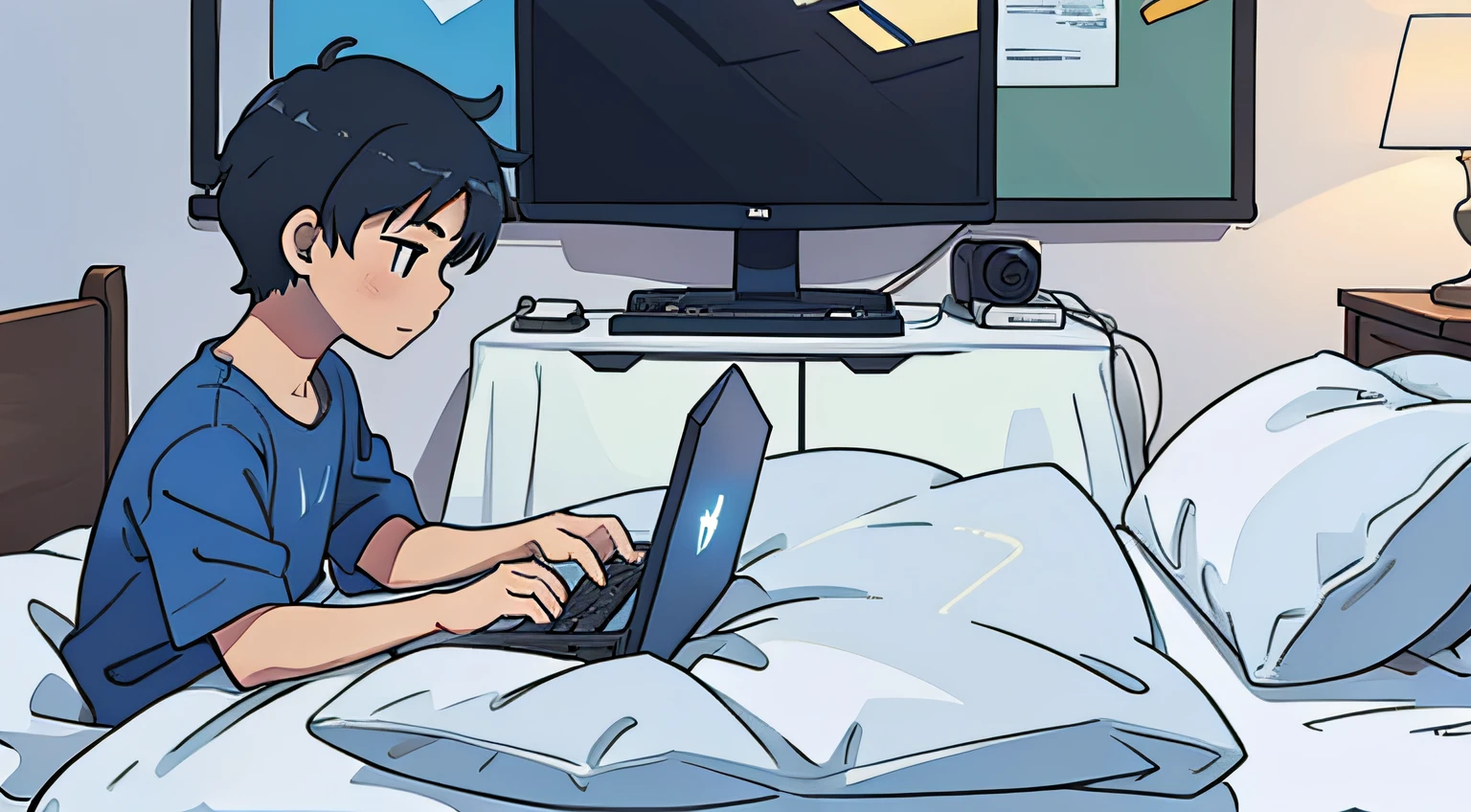 Boy fiddling with computer on bed、from side