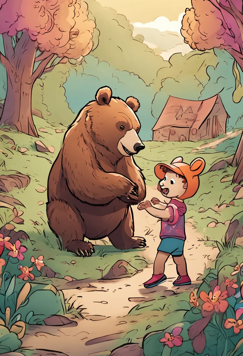 Bear and rabbit child fighting near a laugh