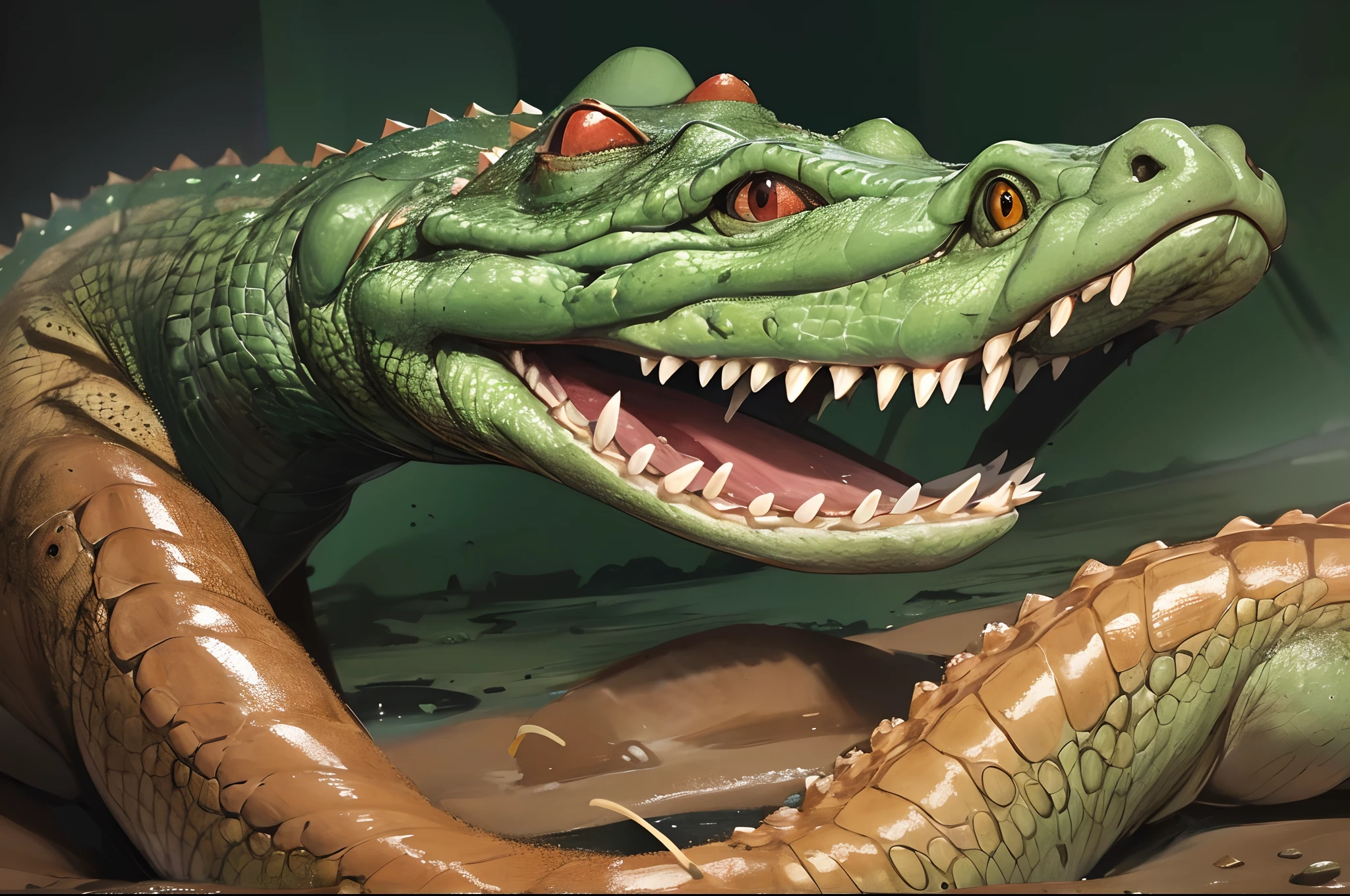 Crocodile people attack people, Dim light, Realistic, Highly detailed,Nuclear wastewater Curiosity, Wriggling maggots,