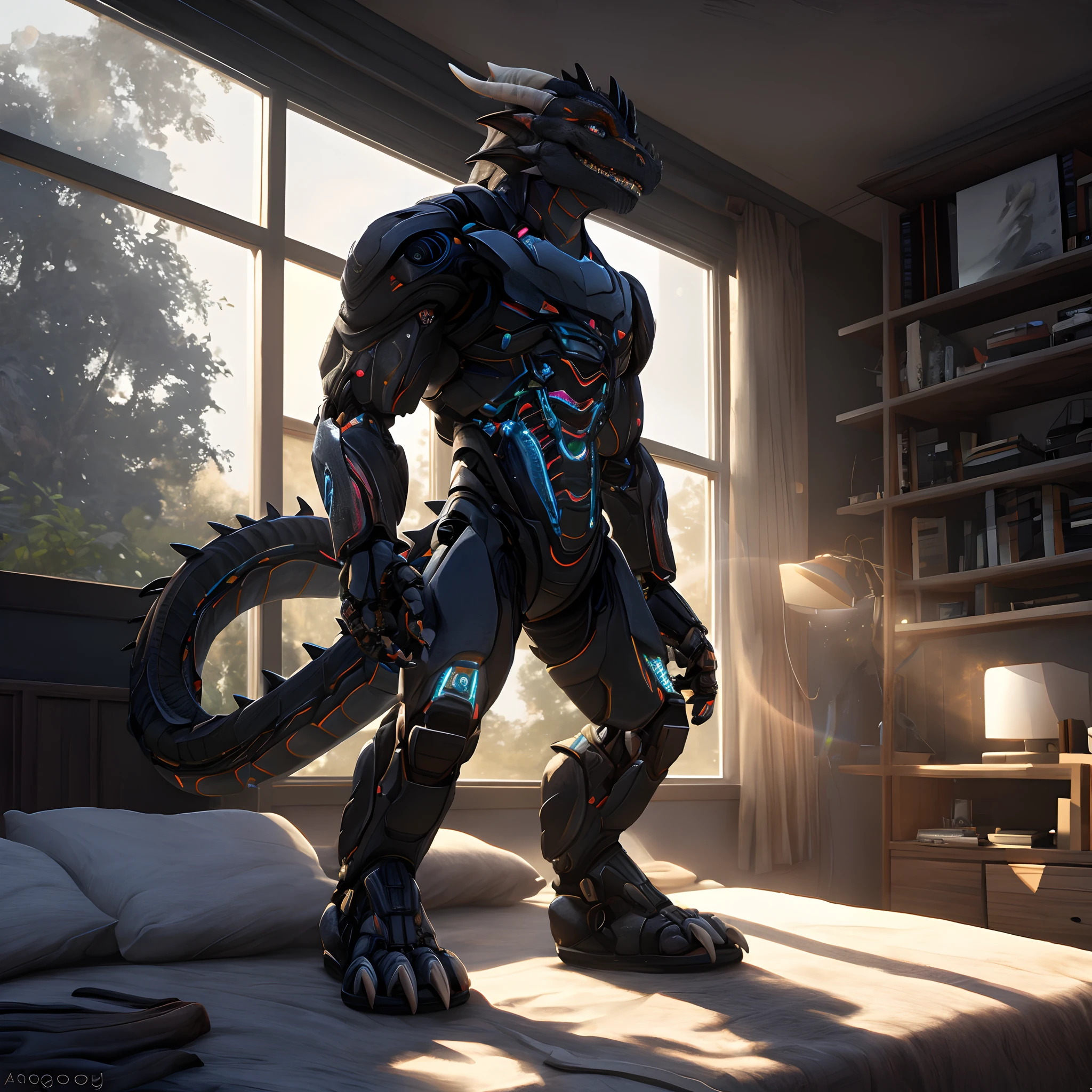 An advanced bionic mech, cybrog, anthro, dragon, female, full body, Delicate face, Delicate eyes, 1 tail, (glowing LED), energy, digitigrade,Inside sat on the bed in the apartment, extremely detailed CG unity 8k wallpaper, realistic, masterpiece, highest quality, lens flare, unreal engine, trending on ArtStation, Intricate, High Detail, dramatic, realism, Sandals