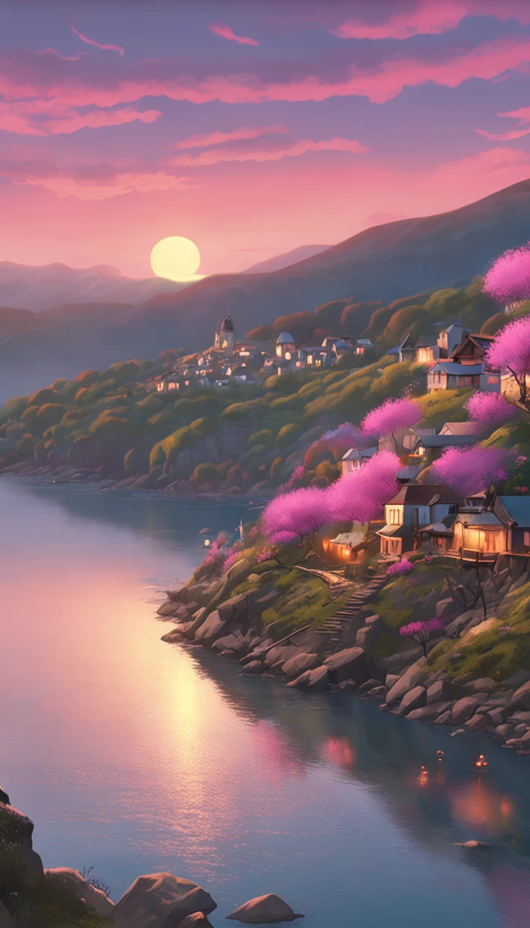 Spring evening, a painting of a village on a hill at night with pink trees on the shore, by Makoto Shinkai and Hayao Miyazaki, by Evgeny Lushpin, popular on cgostic, soft light, fairytale, dreamland, serenity, HD pictures --ar 2:3 --v 4, Hasselblad, 35mm, f/4.0, Eye-Level Shot, cinematic lighting, anaglyph, reflection light, DARK AND GRITTY , 8K, UHD, best quality, highres, 8k, award winning