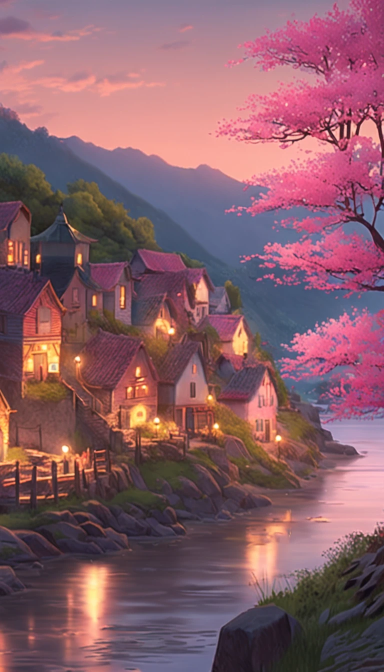 Spring evening, a painting of a village on a hill at night with pink trees on the shore, by Makoto Shinkai and Hayao Miyazaki, by Evgeny Lushpin, popular on cgostic, soft light, fairytale, dreamland, serenity, HD pictures --ar 2:3 --v 4, Hasselblad, 35mm, f/4.0, Eye-Level Shot, cinematic lighting, anaglyph, reflection light, DARK AND GRITTY , 8K, UHD, best quality, highres, 8k, award winning