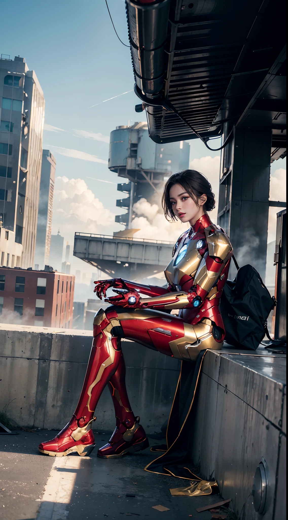 RAW, Masterpiece, Ultra Fine Photo,, Best Quality, Ultra High Resolution, Photorealistic, Sunlight, Full Body Portrait, Stunningly Beautiful,, Dynamic Poses, Delicate Face, Vibrant Eyes, (Side View) , she is wearing a futuristic Iron Man mech, red and gold color scheme, highly detailed abandoned warehouse background, detailed face, detailed and complex busy background, messy, gorgeous, milky white, high detailed skin, realistic skin details, visible pores , sharp focus, volumetric fog, 8k uhd, dslr camera, high quality, film grain, fair skin, photorealism, lomography, sprawling metropolis in futuristic dystopia, view from below, translucent