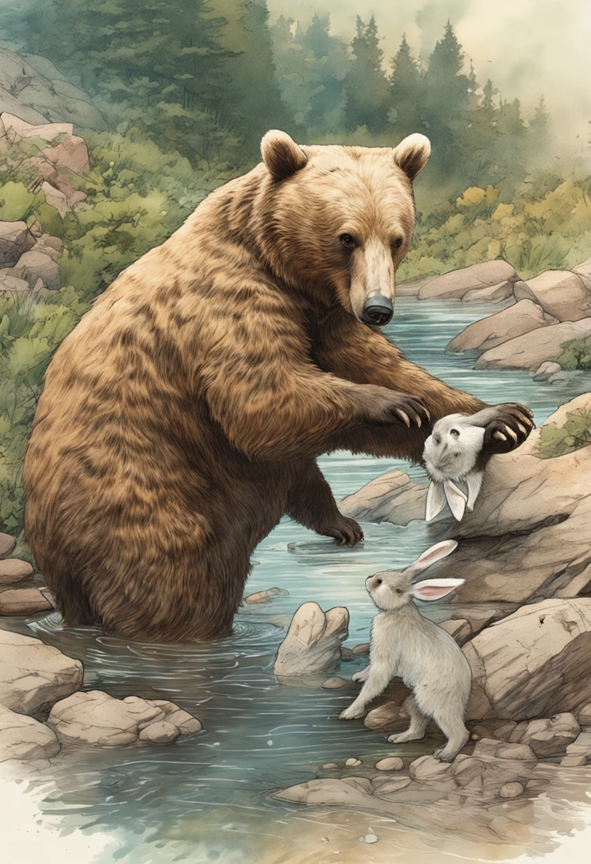 Child bear and rabbit fighting near a stream