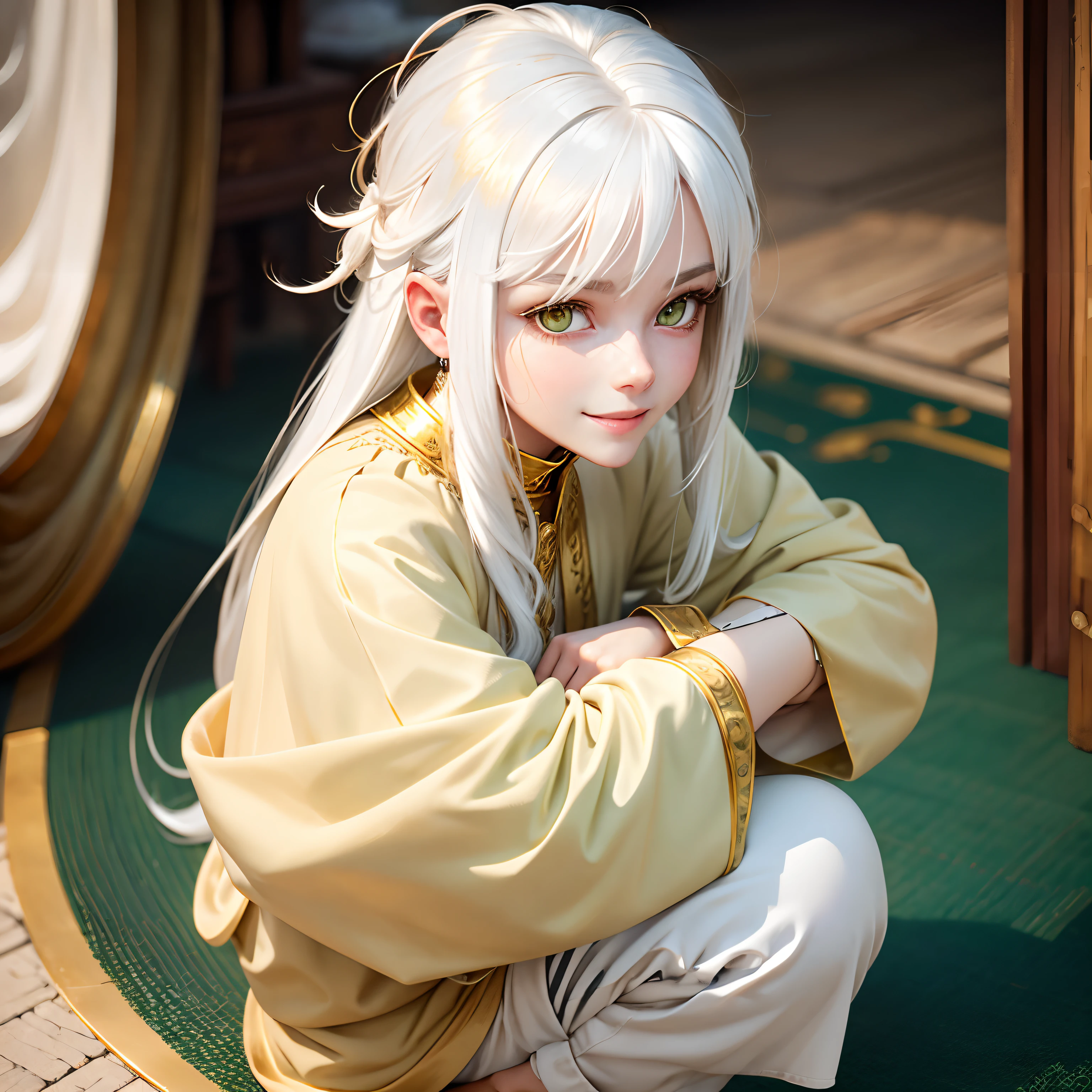 best quality, white hair, gold eyes, green clothes, looking up, hair strand, Fair skin, smiling, squatting