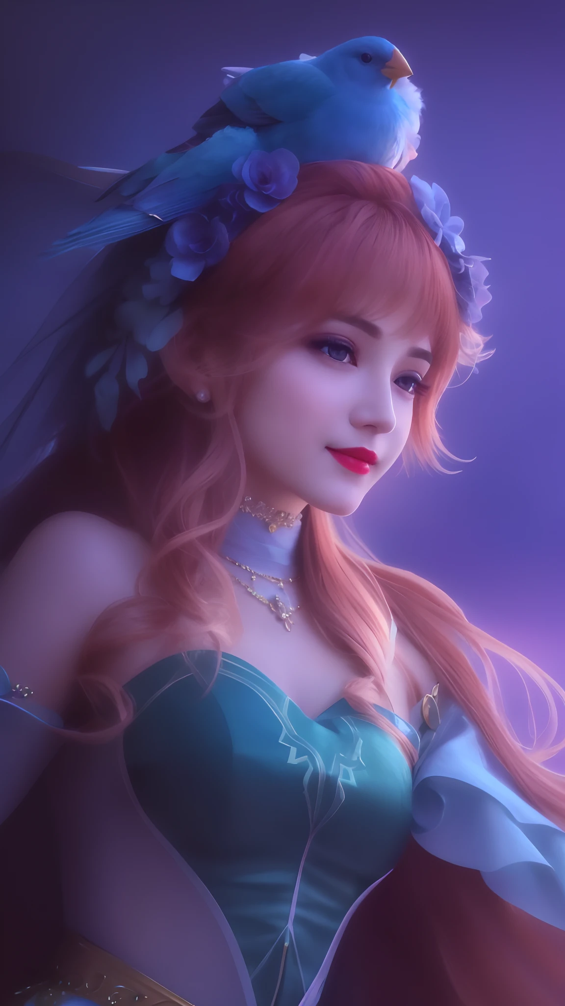 a close up of a woman with a bird on her head, high detail, beautiful face, very beautiful, 8K, 32K, ultra detail, extremely quality, best quality, cute nose, realistic, look ahead above, beautiful eye, eye detailed, closed smile lips, bitchy face, red lips, beautiful smile