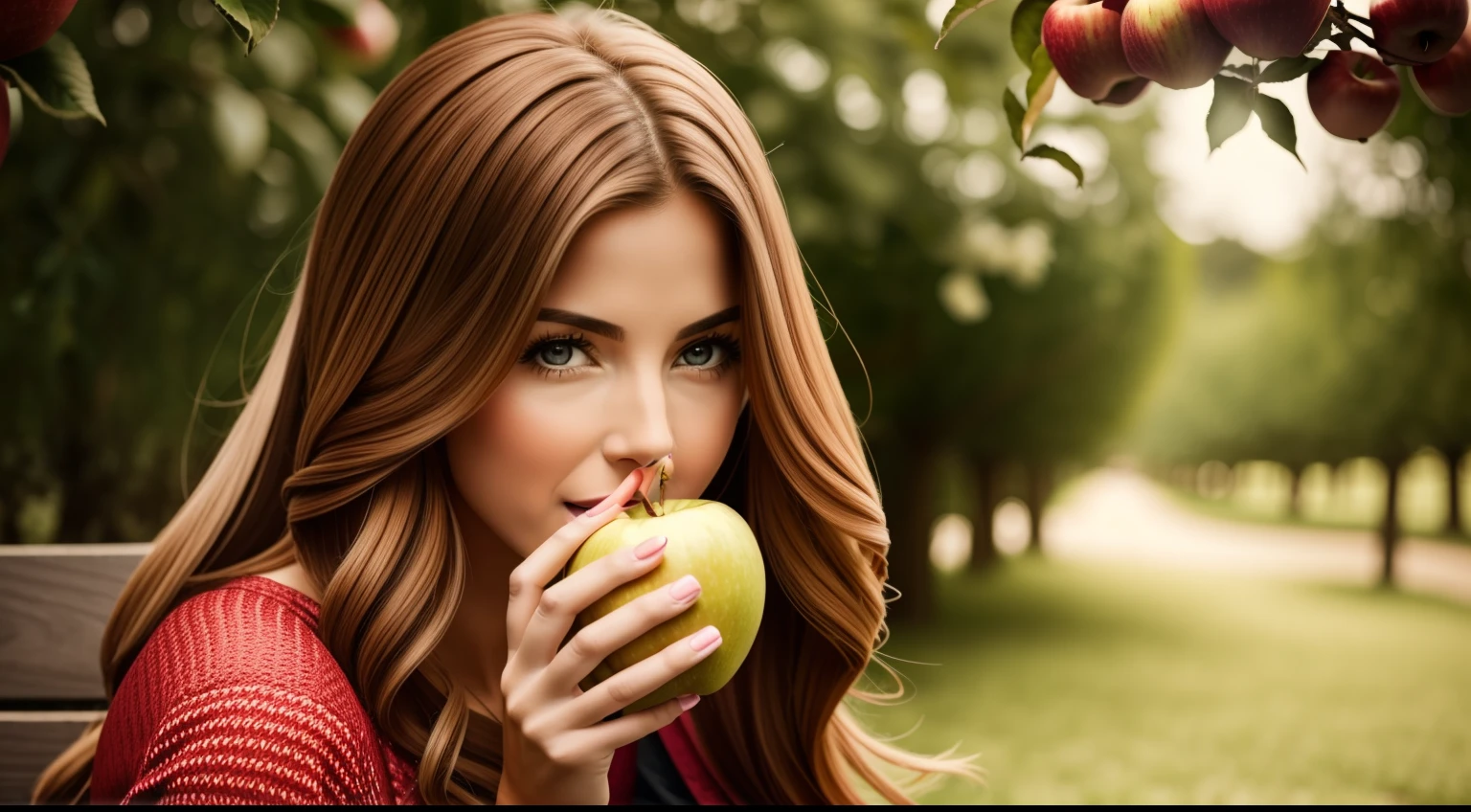 Woman eating an apple, cabelos pretos, vestindo um manto manto marron, 8k