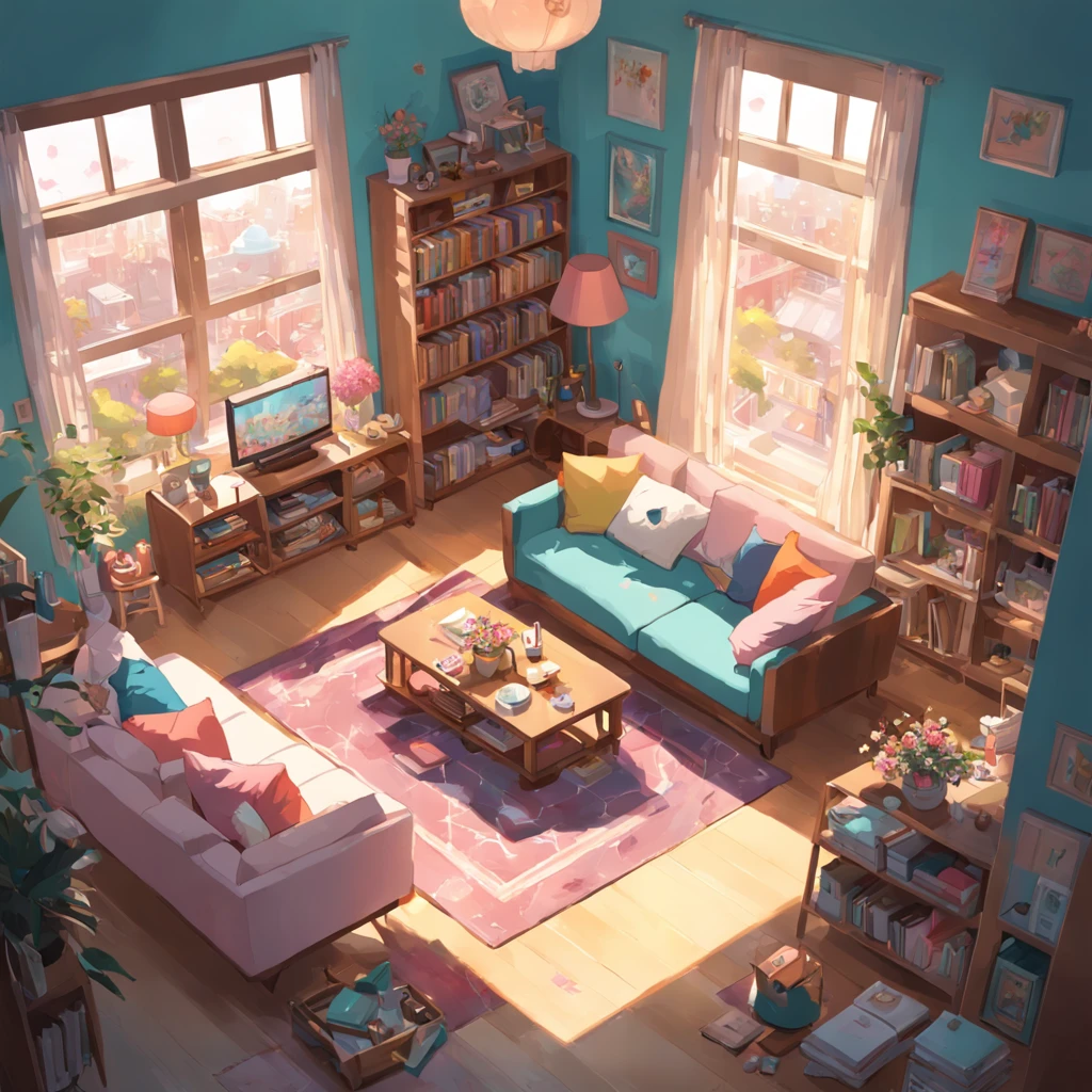 (Isometric:1.3),(highres:1.5) extremely high-quality, photogenic, extremely exquisite, 4k, living room,(be riotous with colour:1.4)，(Three  girls:1.5)，( cute style:1.4), (cartoon home:1.3), building blocks, coffee table, sofa, large balcony, large windows, light colored walls, bookshelves, flowers, vases, (toys:1.3), (messy:0.8),(sunlight:1.3),Light and shadow, reality, reality，(studio Ghibli style:1.4)