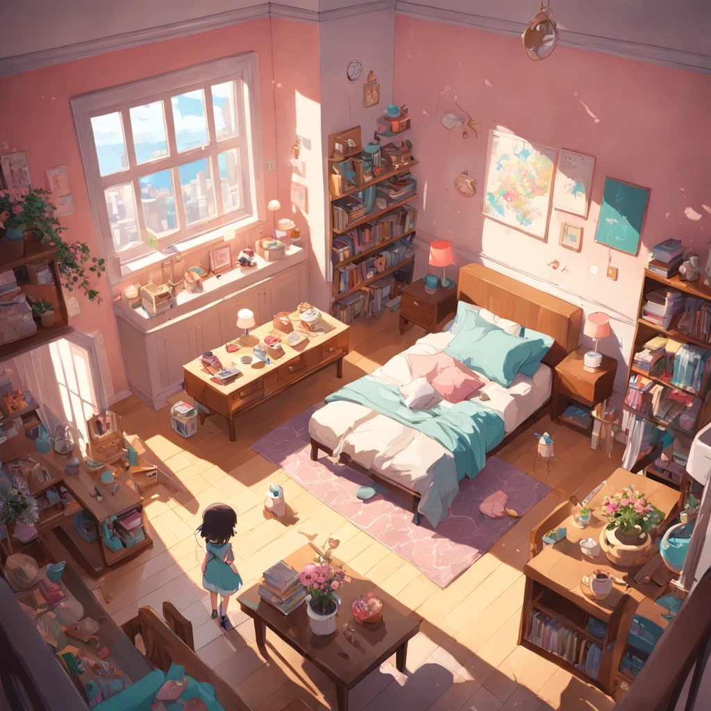 (Isometric:1.3),(highres:1.5) extremely high-quality, photogenic, extremely exquisite, 4k, living room,(be riotous with colour:1.4)，(Three little girls:1.5)，( cute style:1.4), (cartoon home:1.3), building blocks, coffee table, sofa, large balcony, large windows, light colored walls, bookshelves, flowers, vases, (toys:1.3), (messy:0.8),(sunlight:1.3),Light and shadow, reality, reality，(studio Ghibli style:1.4)