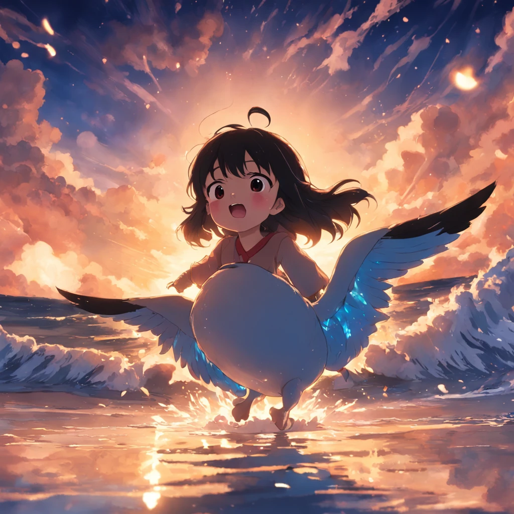 obra-prima, melhor qualidade, filme ainda, pingu, pingim ping, floating into the sky, close-up, brilhante, feliz, Soft lighting and Warm, sun sunset, (Sparks: 0,7)