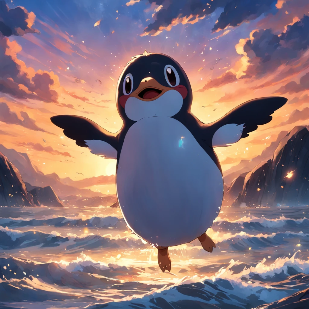 obra-prima, melhor qualidade, filme ainda, pingu, pingim ping, floating into the sky, close-up, brilhante, feliz, Soft lighting and Warm, sun sunset, (Sparks: 0,7)