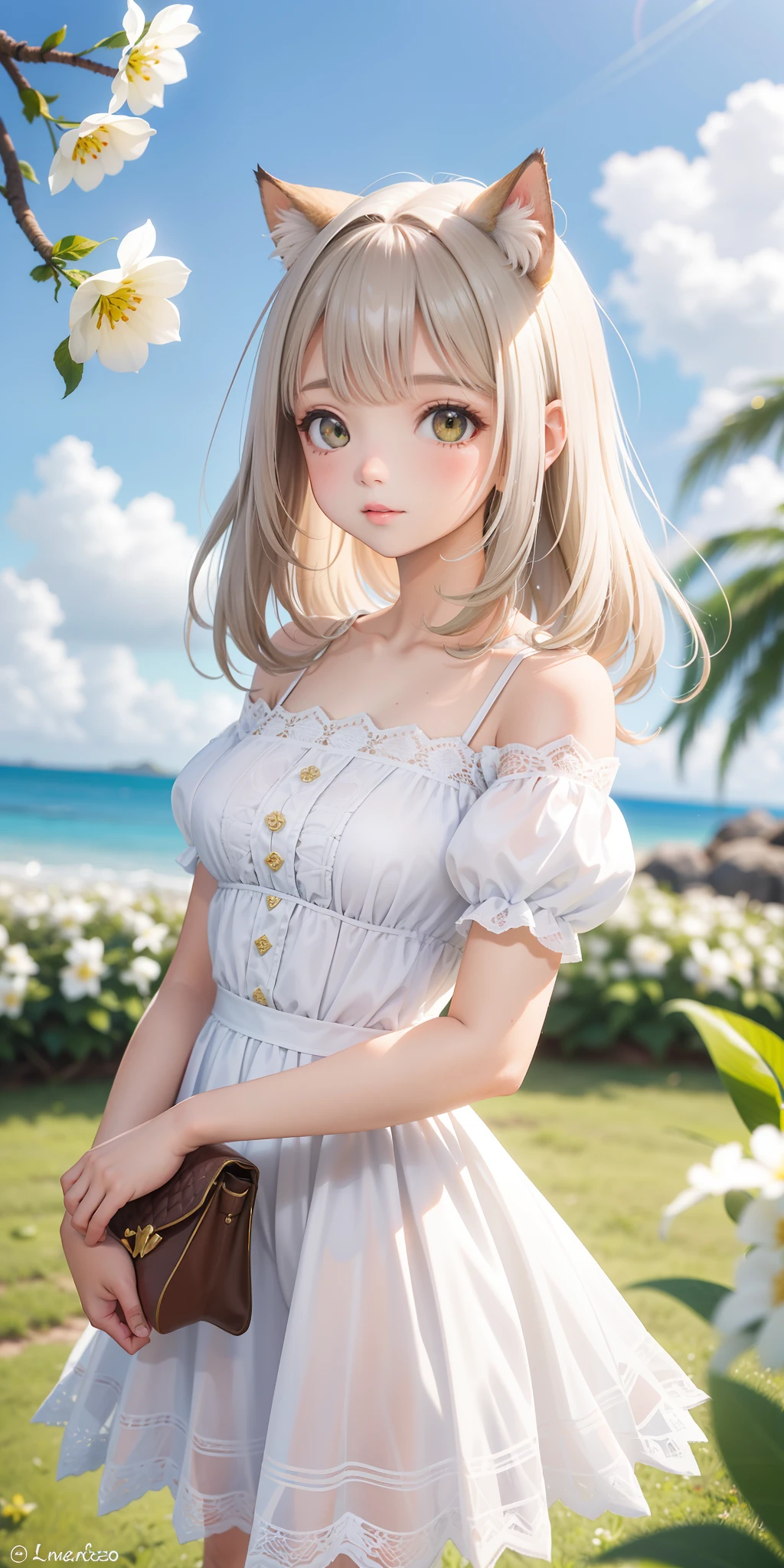 ((1 menina gato seios grandes))), ((orelhas de gato)) sozinho, (((longos cabelos branco soprados pelo vento))), olhos verdes, vestido majestoso, meia branca, renda, Olhe para o espectador, luxuoso, elegante, extremamente detalhado, separated-lips, Shy, Charme Feminino, Blurry, beautiful sky, tree, galho, Cereja, borboleta, specific windblown flowers, profundidade de campo