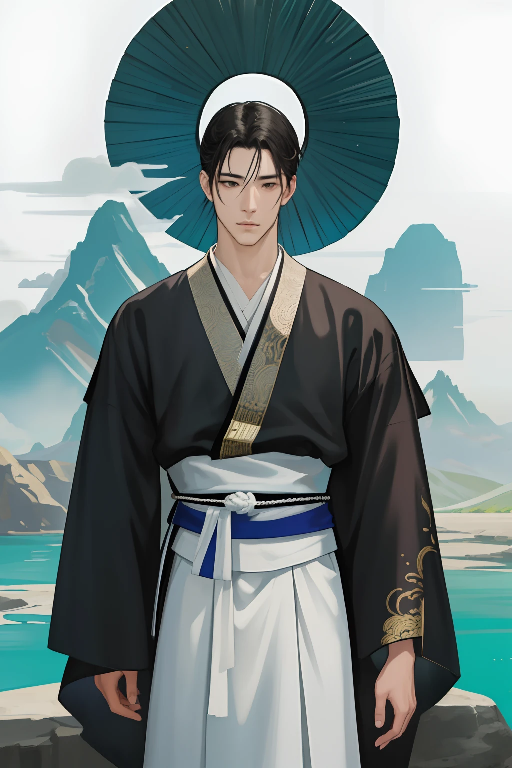 NSFW, obra-prima, melhor qualidade, ultra-detalhado, semi-realista, detailedfacialfeatures,7homem,usando roupas masculinas chinesas antigas hunfa wuxia,cabelos longos escuros,olhos negros,manly,cor das roupas branco e preto,bonito,lonely facing a river,segurando firmemente uma espada estilosa mas afiada,impoente demonstrando calma e tranquilidade em seus olhos