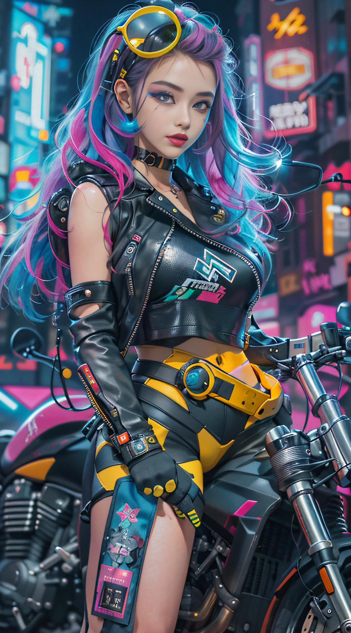 Masterpiece, professional, award-winning, intricate details, ultra high detailed, 64k, dramatic light, volumetric light, dynamic lighting, Movie Aesthetic, action shot, photo real, cinematic moviemaker style. Cyberpunk fantasy.1girl, beautiful, sexy smile, 25 years old, purple hair, , long hair, neon costume, (extremely detailed face), ((extremely detailed eyes)), emerald eyes, bpiercing eyes, bangs, riding (To the right of the viewer) her purple emerald cyberpunk motorcycle down a neon-lit street at night, 1girl and 1bike. Score_9, score_8_up, score_7_up, more detail XL, Realism