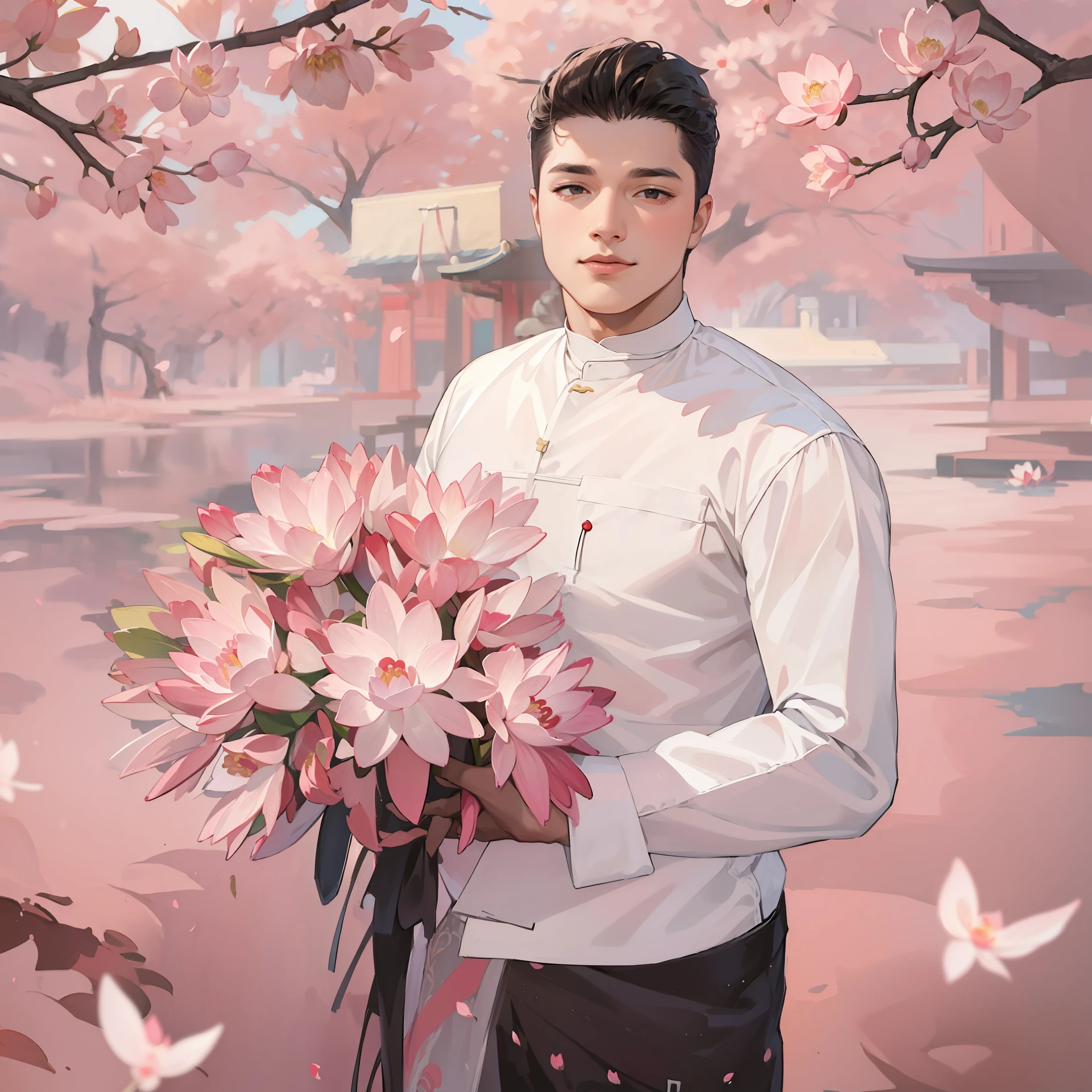 ((A young handsome guy)) Anime, white shirt, red longgyi, holding pink lotus flowers, Asian Pagoda background, Masterpiece, 4k, illustration,