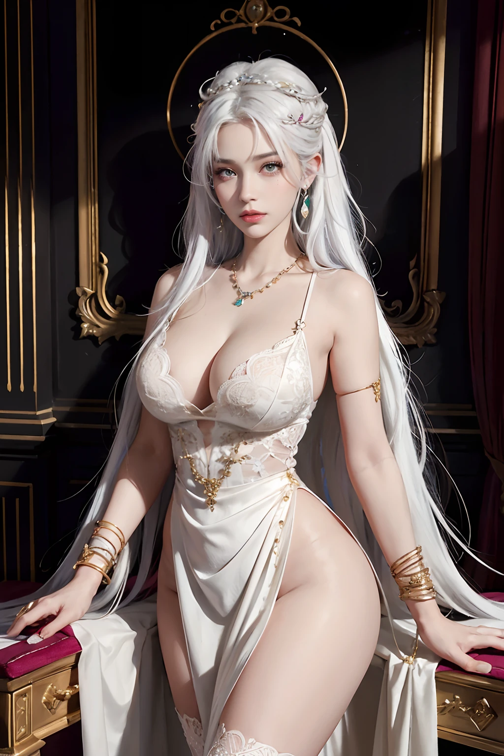 (((multicolored hair, [white hair]))), ultra realistic 8k cg, picture-perfect face, flawless, clean, masterpiece, professional artwork, famous artwork, cinematic lighting, cinematic bloom, perfect face, beautiful face, beautiful eyes, (((perfect female body, narrow waist))), gorgeous queen, royal, divine, goddess, godlike, (royal palace), fantasy, dreamlike, unreal, science fiction, (big breasts), beautiful clothes, lace, lace trim, lace-trimmed legwear, nsfw, breasts out, absurdly long hair, very long hair, (rich:1.4), prestige, luxury, jewelry, diamond, gold, pearl, gem, sapphire, ruby, emerald, intricate detail, delicate pattern, sexy, charming, alluring, seductive, erotic, enchanting, hair ornament, necklace, earrings, bracelet, armlet, looking at viewer,