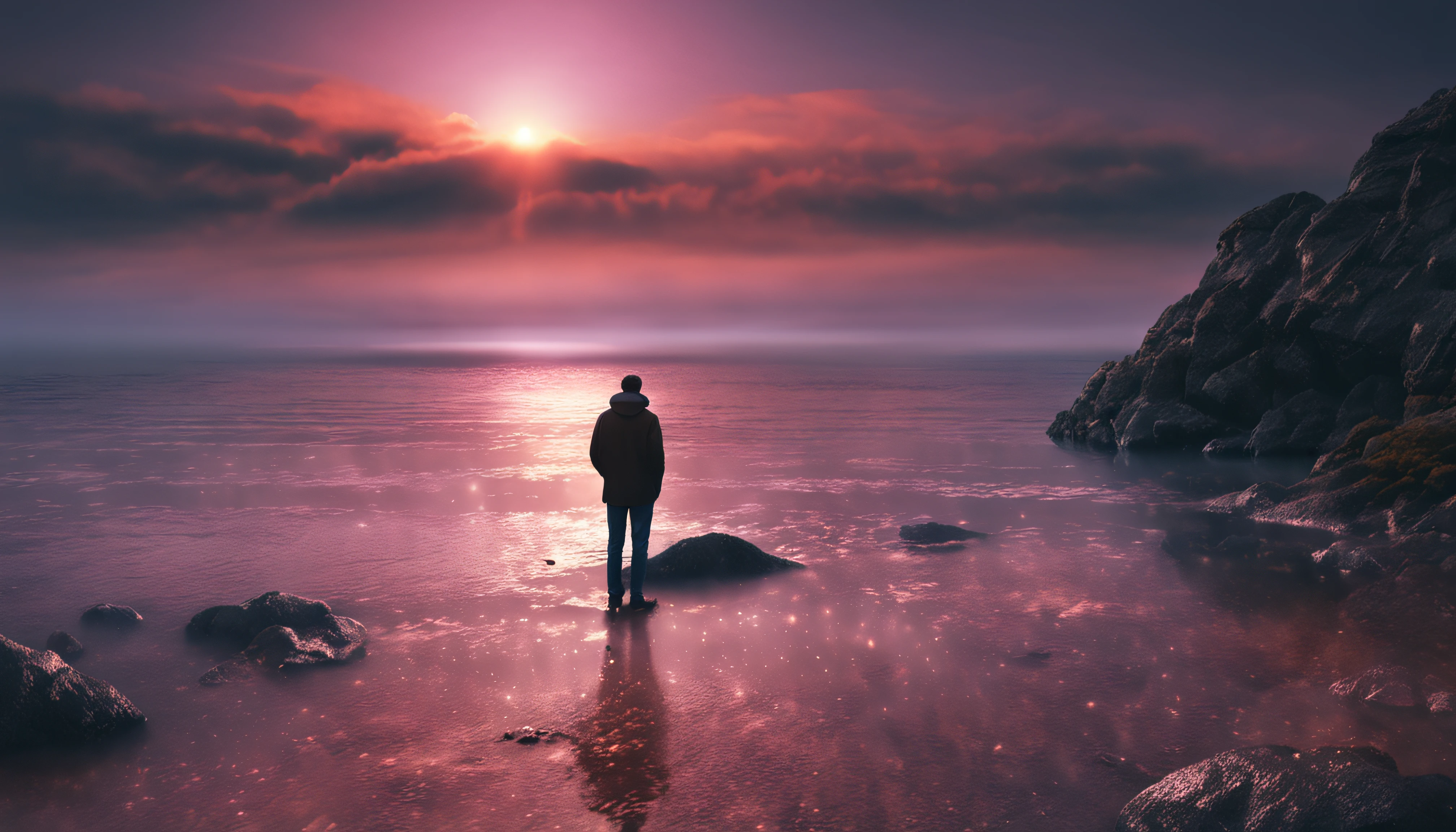 homem de 40 anos admirado, contemplating a beautiful horizon with the sky full of stars as if he had contemplated space, Man is in deep connection with the divine, The landscape is ultra detailed, homem ultra realista, tudo bem detalhado e lindo, 8k ultra qualidade. 8k de realismo, the space ta reflecting in a lake, thus making a magnificent landscape