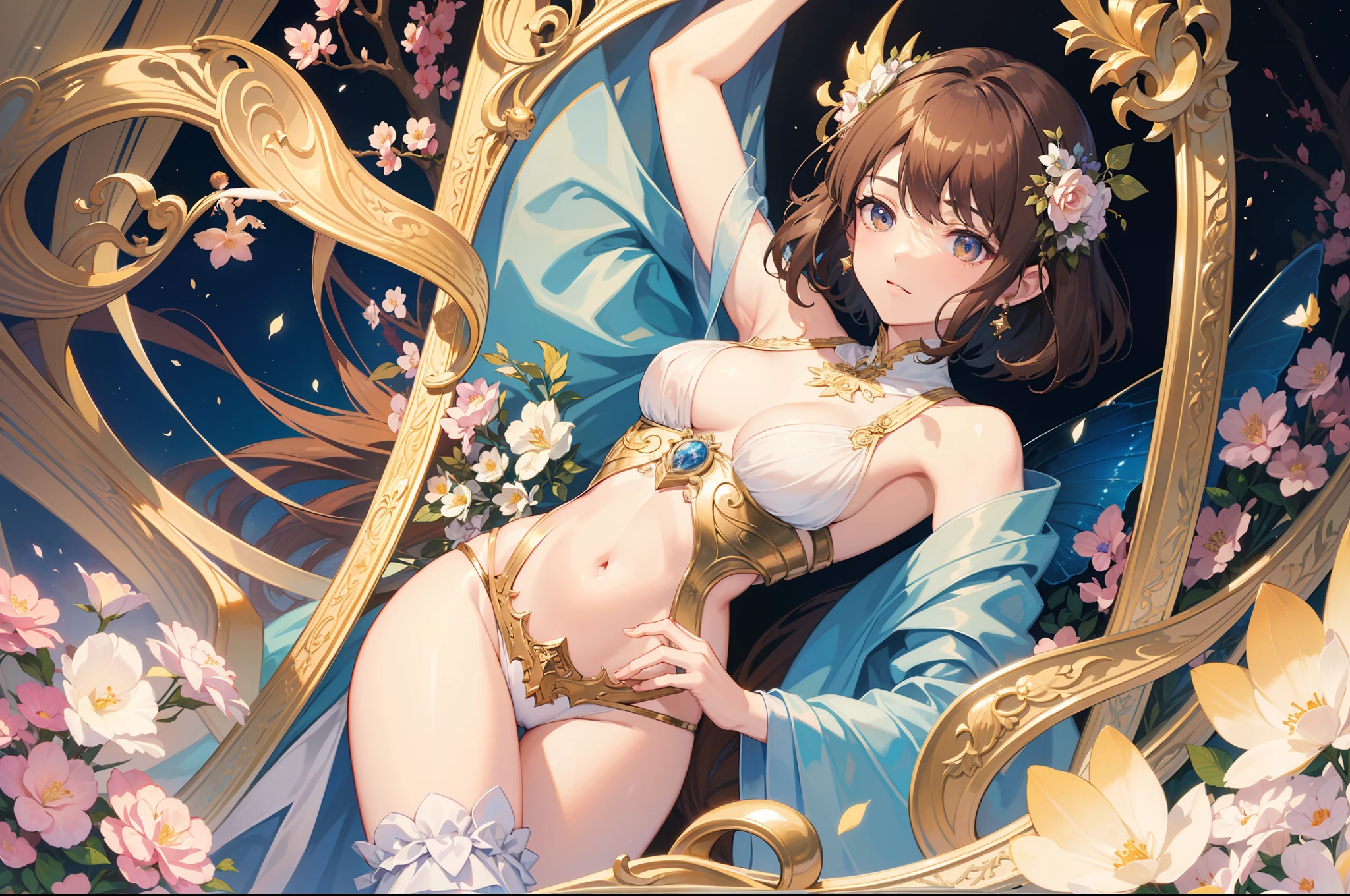Official Art, Masterpiece European female face,elvish, short hair, lightbrown hair , brown eyes , jugendstil , (masterpiece、top-quality、hight resolution: 1.4),in 8K, Drawing of a woman with short lightbrown hair, Anime Art Nouveau, highly detailed exquisite fanart, anime fantasy illustration, clean detailed anime art, detailed anime art, Sharp Focus, Delicate Beautiful Hair and Eyes and Face, realisitic, ultra-detailliert, a beauty girl, flower garden, symetric fairy wings on the back,