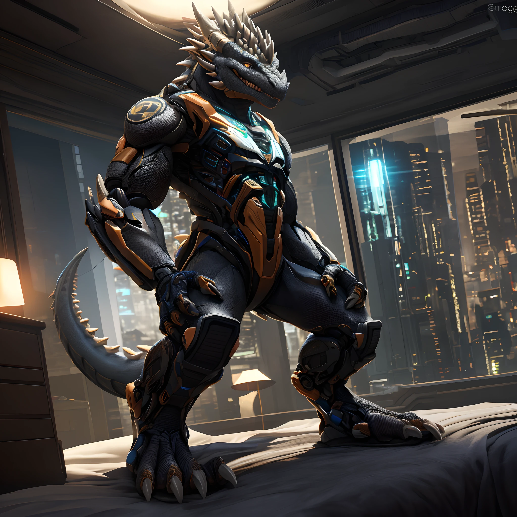 An advanced bionic mech, cybrog, anthro, dragon, female, full body, Delicate face, Delicate eyes, 1 tail, (glowing LED), energy, digitigrade,Inside sat on the bed in the apartment, extremely detailed CG unity 8k wallpaper, realistic, masterpiece, highest quality, lens flare, unreal engine, trending on ArtStation, Intricate, High Detail, dramatic, realism, Sandals