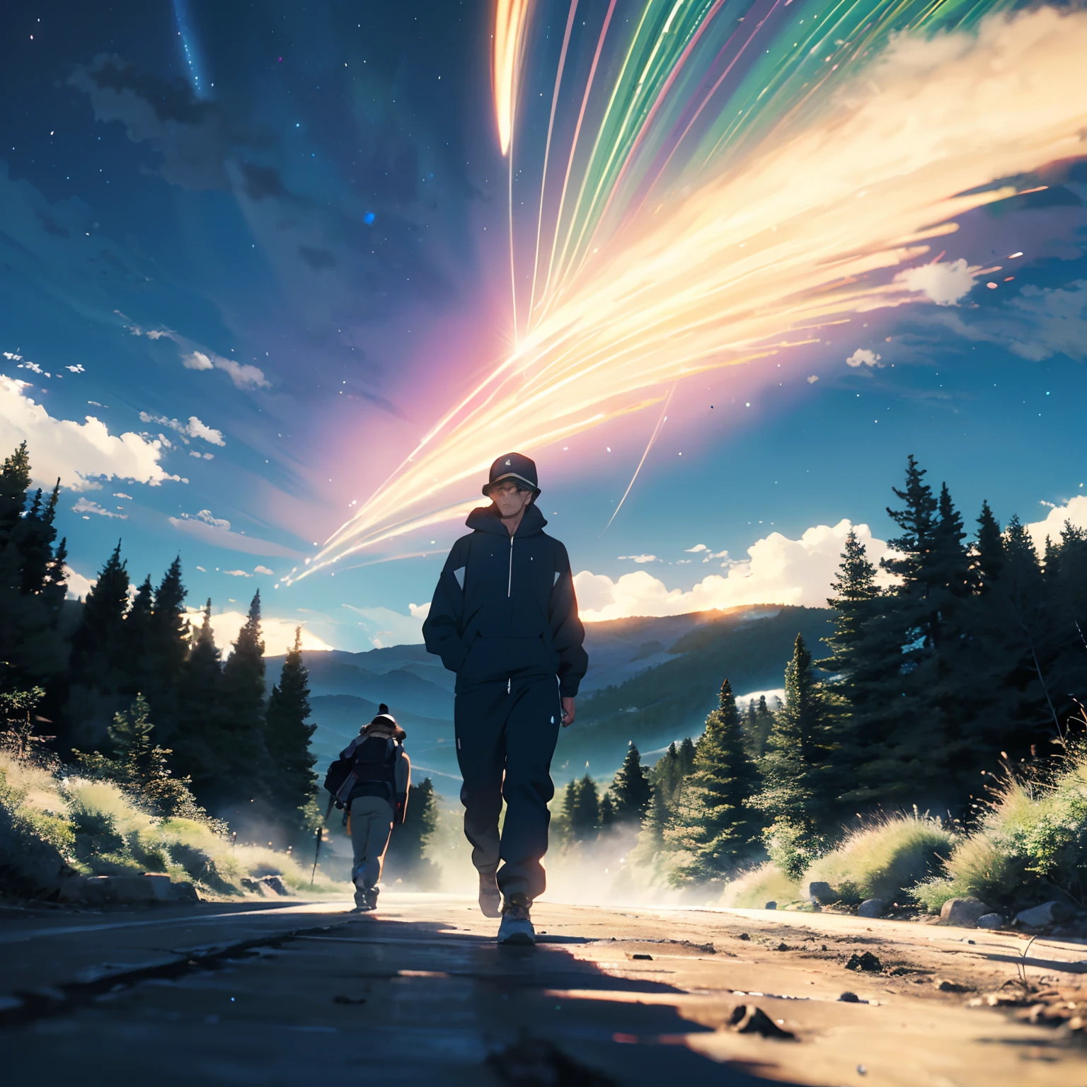 (Beautiful skyline,Magnificent sky),(Intense and dramatic imagery,the moving visual effects),(the high-hanging Polaris,Colorful natural light),shoun,Wearing blue tracksuits、Round hat,Walk on a dirt road in the forest