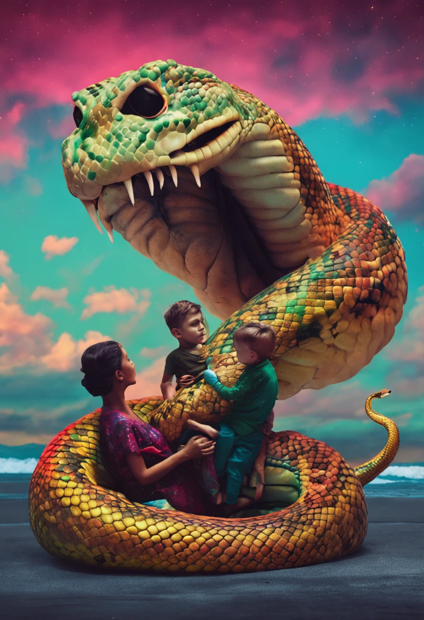 Huge ，snake woman，beachside，The little boy lies on top of the snake woman，Little boy has sex with snake woman