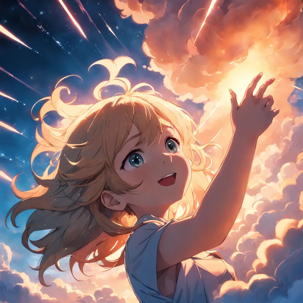 masterpiece, best quality, movie still, 1girl, cloud girl, floating in the sky, close-up, bright, happy, warm soft lighting, sunset, (sparks:0.7)