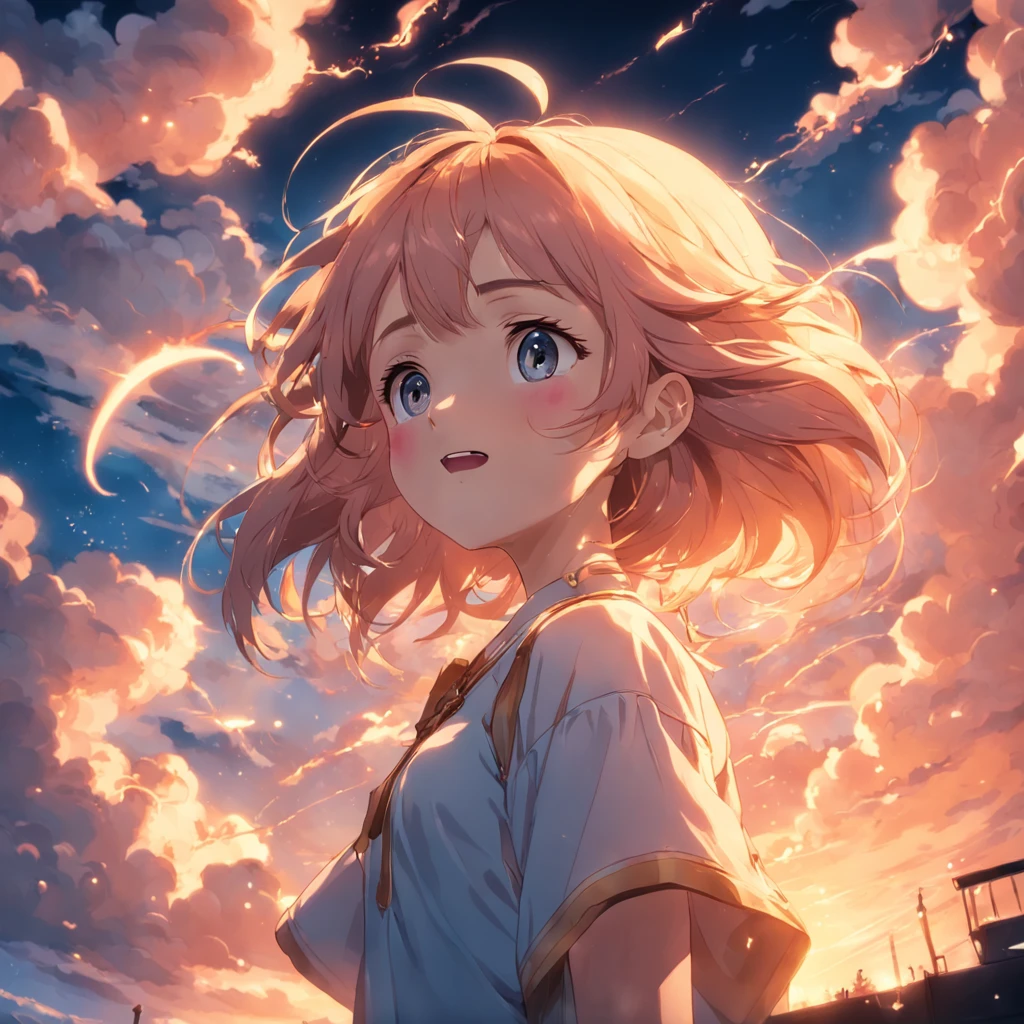 masterpiece, best quality, movie still, 1girl, cloud girl, floating in the sky, close-up, bright, happy, warm soft lighting, sunset, (sparks:0.7)