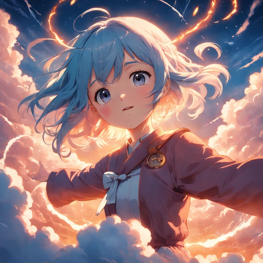 masterpiece, best quality, movie still, 1girl, cloud girl, floating in the sky, close-up, bright, happy, warm soft lighting, sunset, (sparks:0.7)