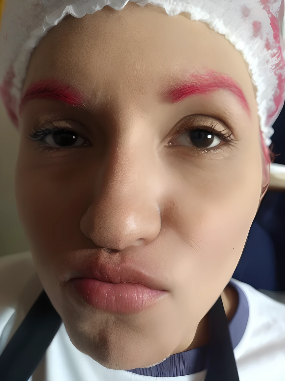 Arafed woman with a white cap and pink eyeliner, Sobrancelhas grandes, olhando vista frontal, fechar o rosto, Batom vermelho no rosto, sobrancelhas cuidadas, Faixa de tinta vermelha nos olhos, face frontal centrada, sem sobrancelhas, Olho esquerdo listra vermelha, sobrancelhas grossas, sobrancelhas grandes, fechar - cara para cima, close up no rosto, anime