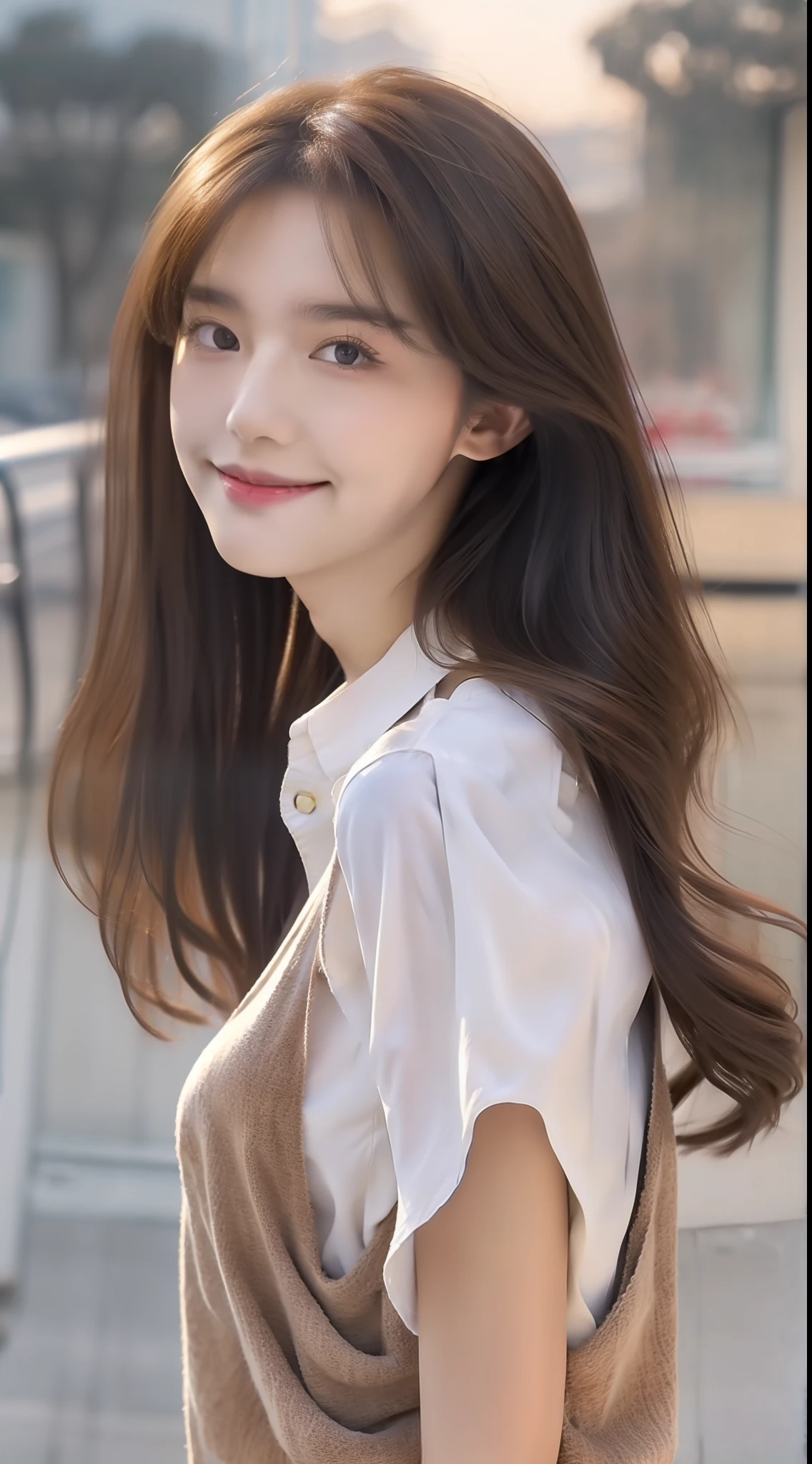 top-quality、超A high resolution、(Photorealsitic:1.4)、Beautuful Women、韓国アイドル、21yo、long whitr hair、Light brown hair、Clean wavy hairstyle、small tits、Very small breasts、Realistic eyes, Elongated narrow eyes、Beautiful eyes、A smile、croptop、vests、Wear a transparent shirt、A miniskirt、In the street、Slender、slenderness、Slim body lines、from the side angle shot