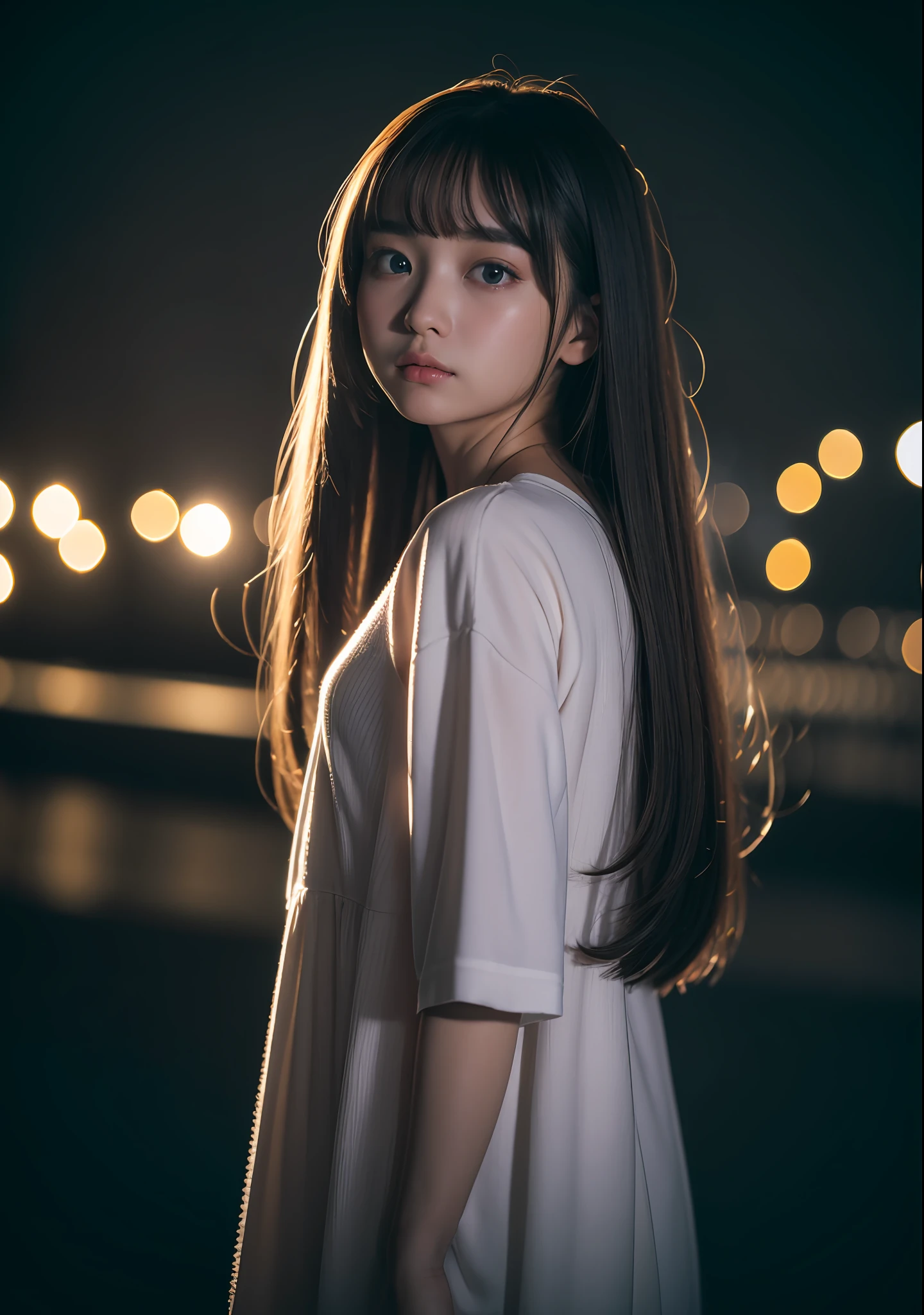 the Extremely Detailed CG Unity 8K Wallpapers、top-quality、ultra-detailliert、masterpiece、studio shoot、Full body portrait、White See-Through Babydoll、realisitic、Photo Real、extremely detailed cute girl、独奏、sixteen years old、side glance, Melancholy look, background of night view, A dark-haired, out of focus、blur、
