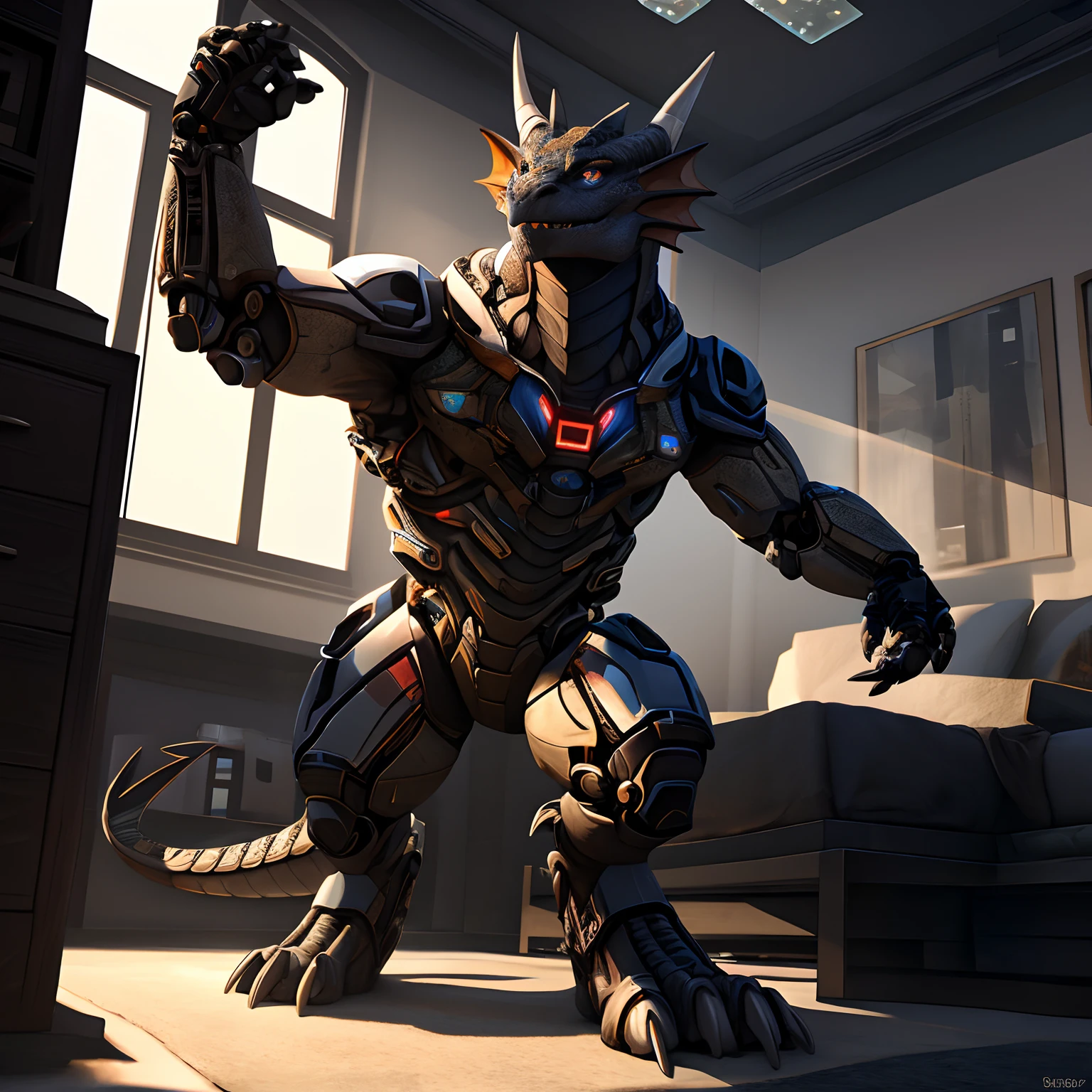 An advanced bionic mech, cybrog, anthro, dragon, male, full body, Delicate face, Delicate eyes, 1 tail, (glowing LED), energy, digitigrade,Inside sat on the bed in the apartment, extremely detailed CG unity 8k wallpaper, realistic, masterpiece, highest quality, lens flare, unreal engine, trending on ArtStation, Intricate, High Detail, dramatic, realism, Sandals